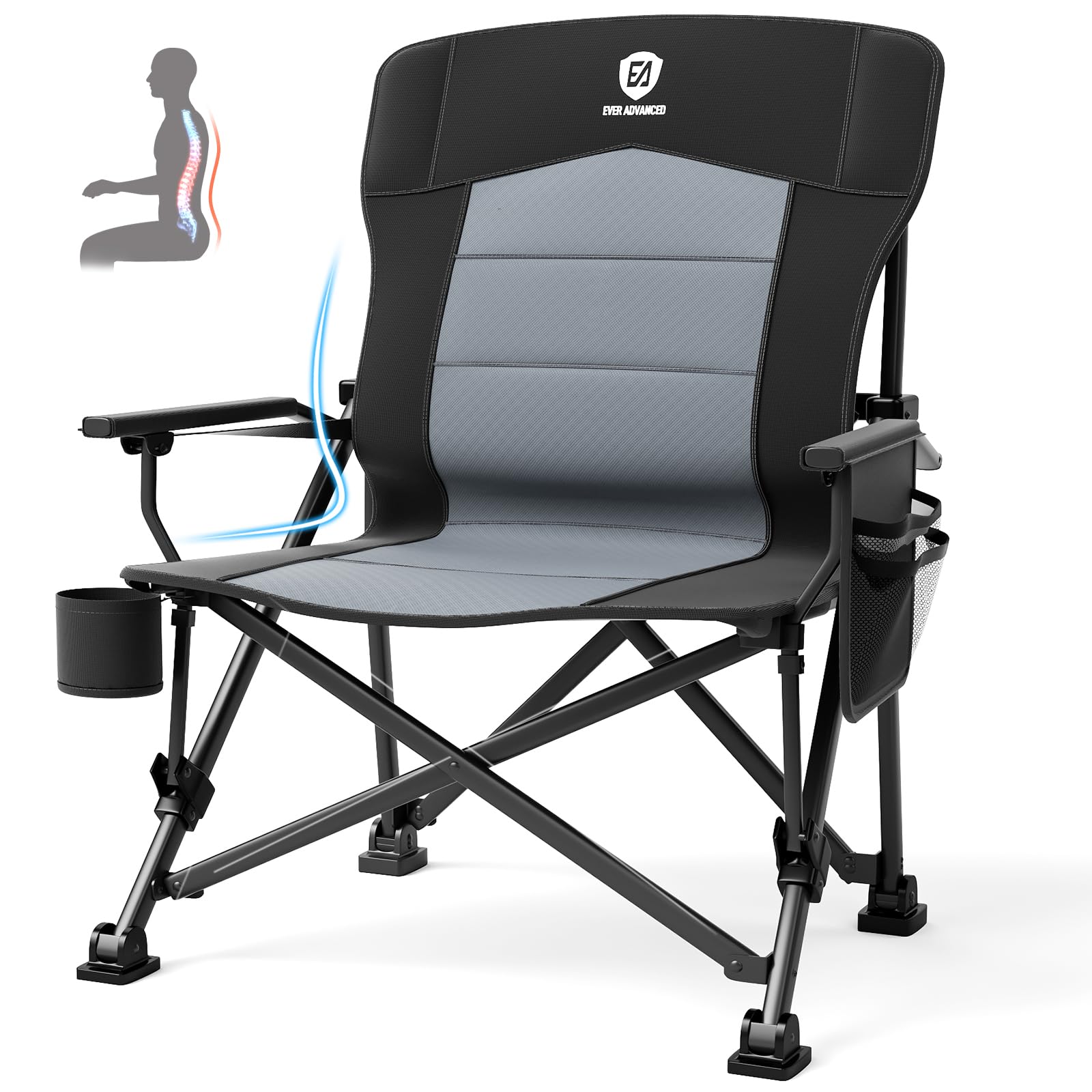 EVER ADVANCED Oversized Folding Camping Chair for Adults with Adjustable Lumbar Support, Heavy Duty Chair with Side Pockets, Por