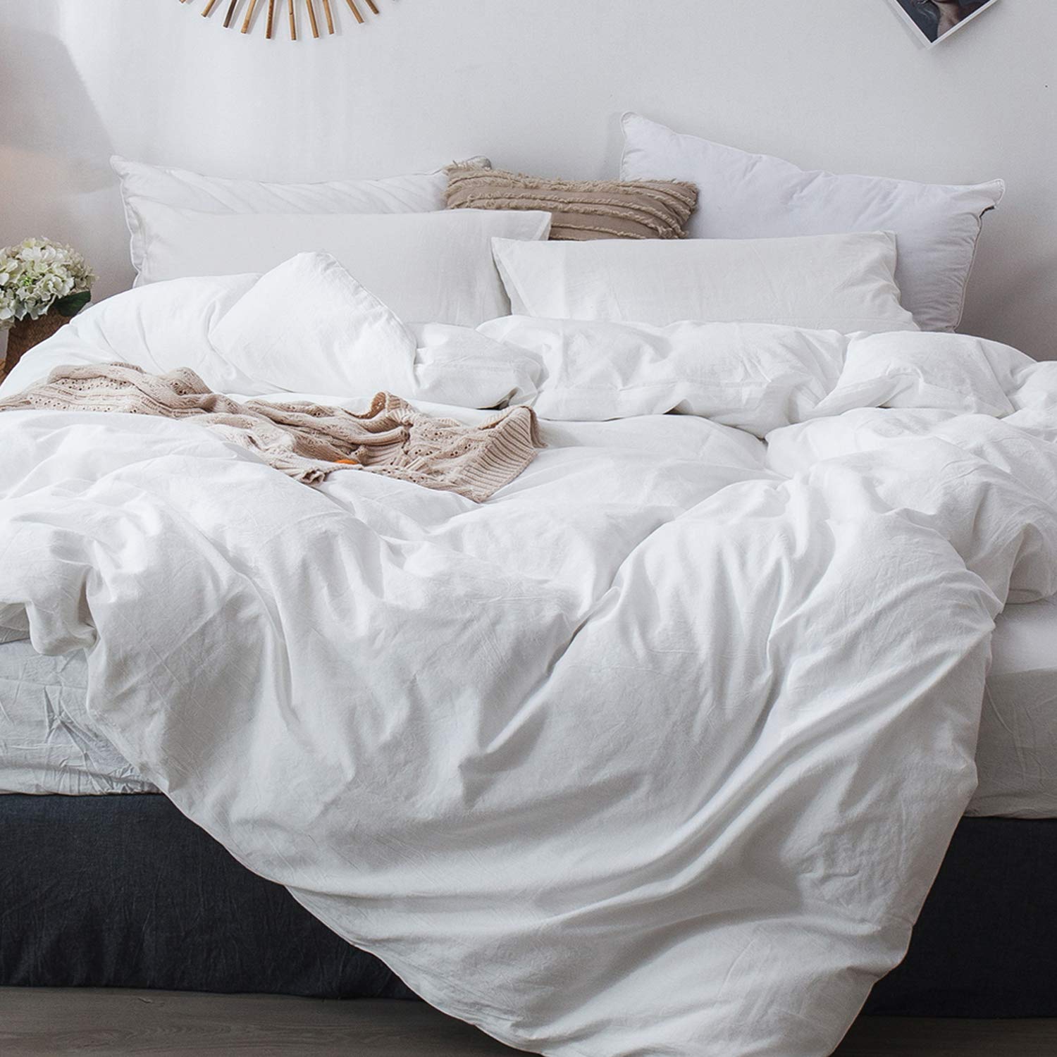 MooMee Bedding Duvet Cover Set 100% Washed Cotton Linen Like Textured Breathable Durable Soft Comfy (Solid Off White, Queen 90x9