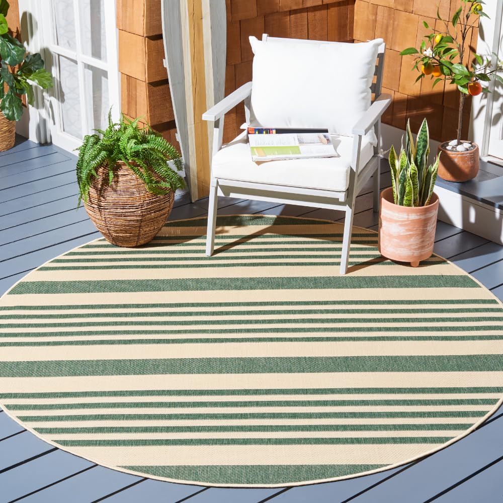 SAFAVIEH Courtyard Collection Area Rug - 67 Round, Beige & Dark Green, Stripe Design, Non-Shedding & Easy Care, Indoor/Outdoor 