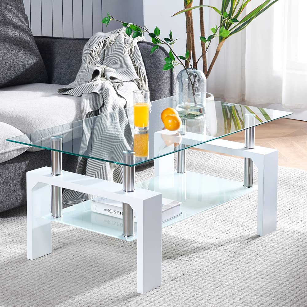 Btrpily Living Room Rectangle Coffee Table, Tea Table Suitable for Waiting Room, Modern Side Coffee Table with Wooden Leg, Glass