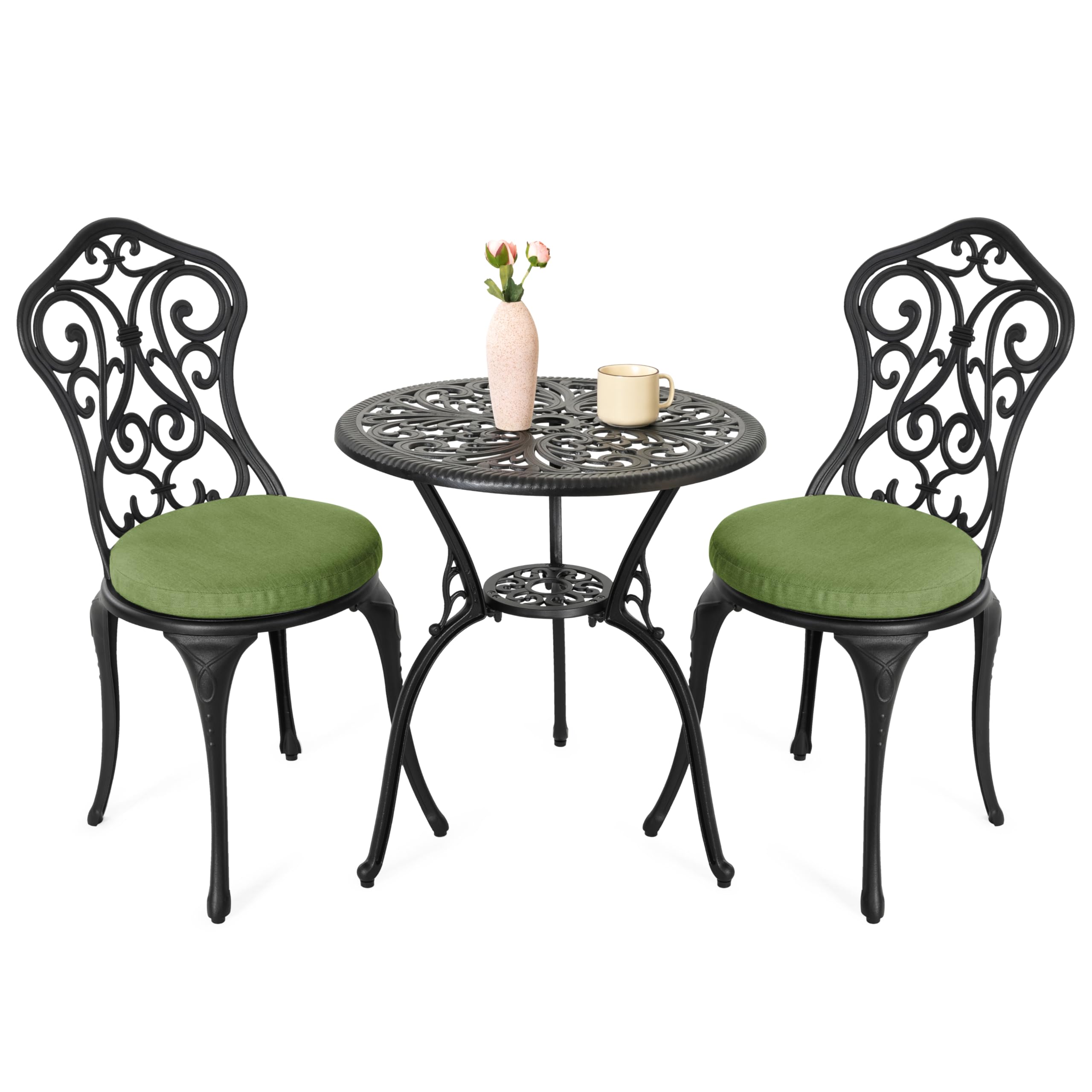 NUU GARDEN Patio 3-Piece Bistro Set with Cushions, Patio Chairs and Outdoor Round Table with Umbrella Hole, Cast Aluminum Patio 