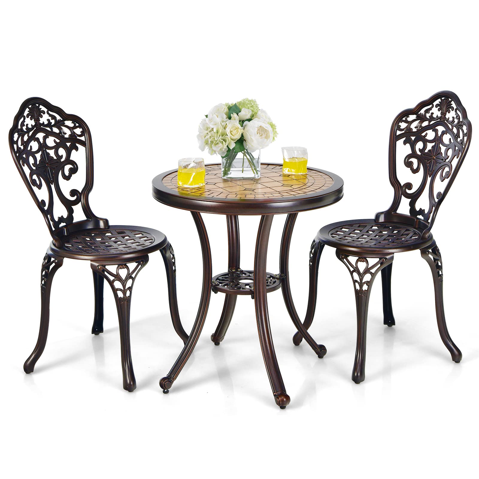 Tangkula 3 Pieces Patio Bistro Set, Cast Aluminum Outdoor Table and Chairs Set, Outdoor Round Bistro Table and Chairs Furniture 