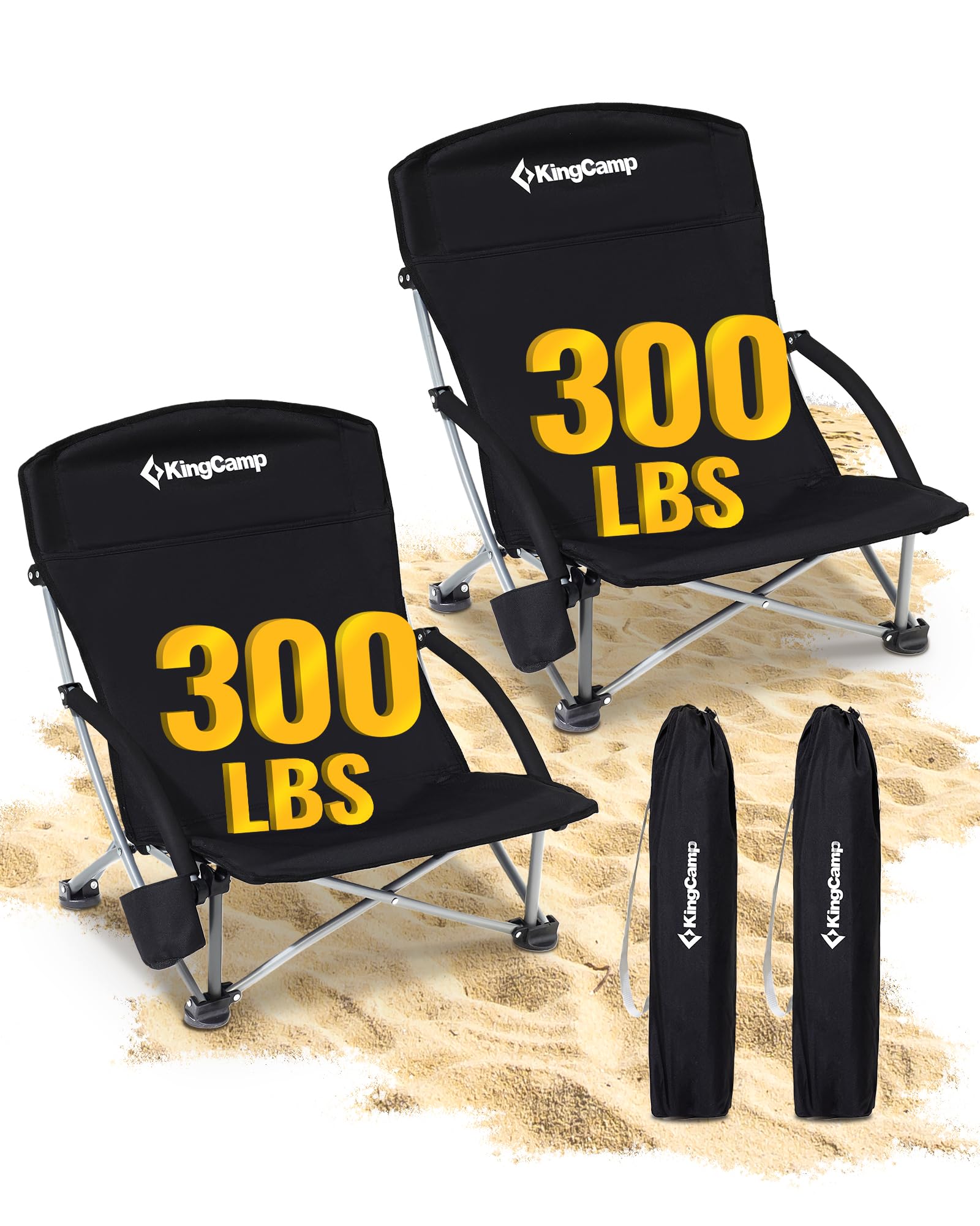 KingCamp Low Beach Chairs 2 Pack, Folding Portable Chair for Adults Lightweight Extra Wide Ergonomic Seat 300lbs Heavy Duty Over