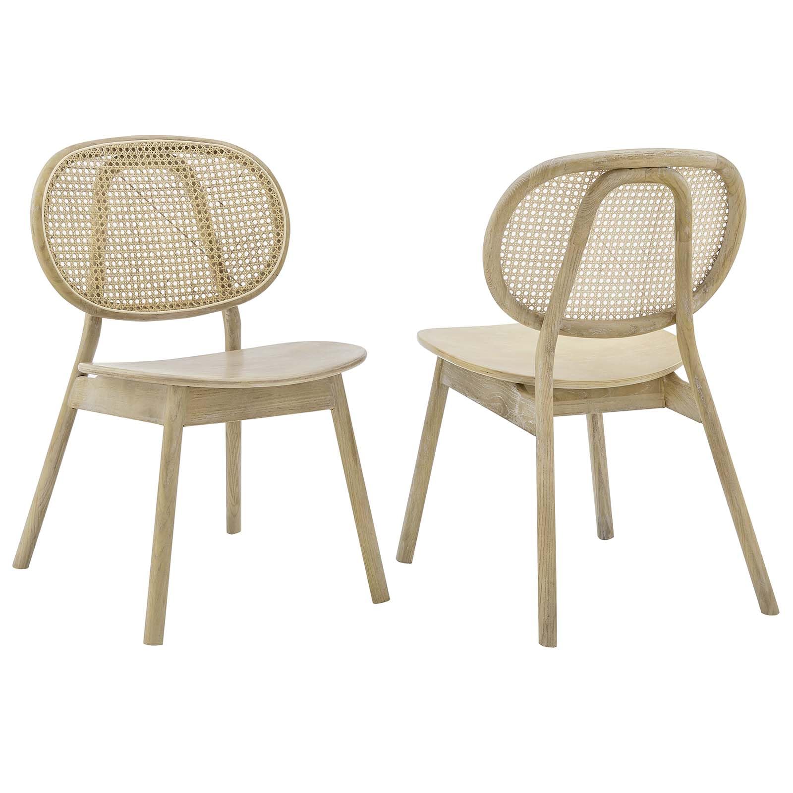 Modway Malina Wood Dining Chair with Cane Rattan - Set of 2 in Gray