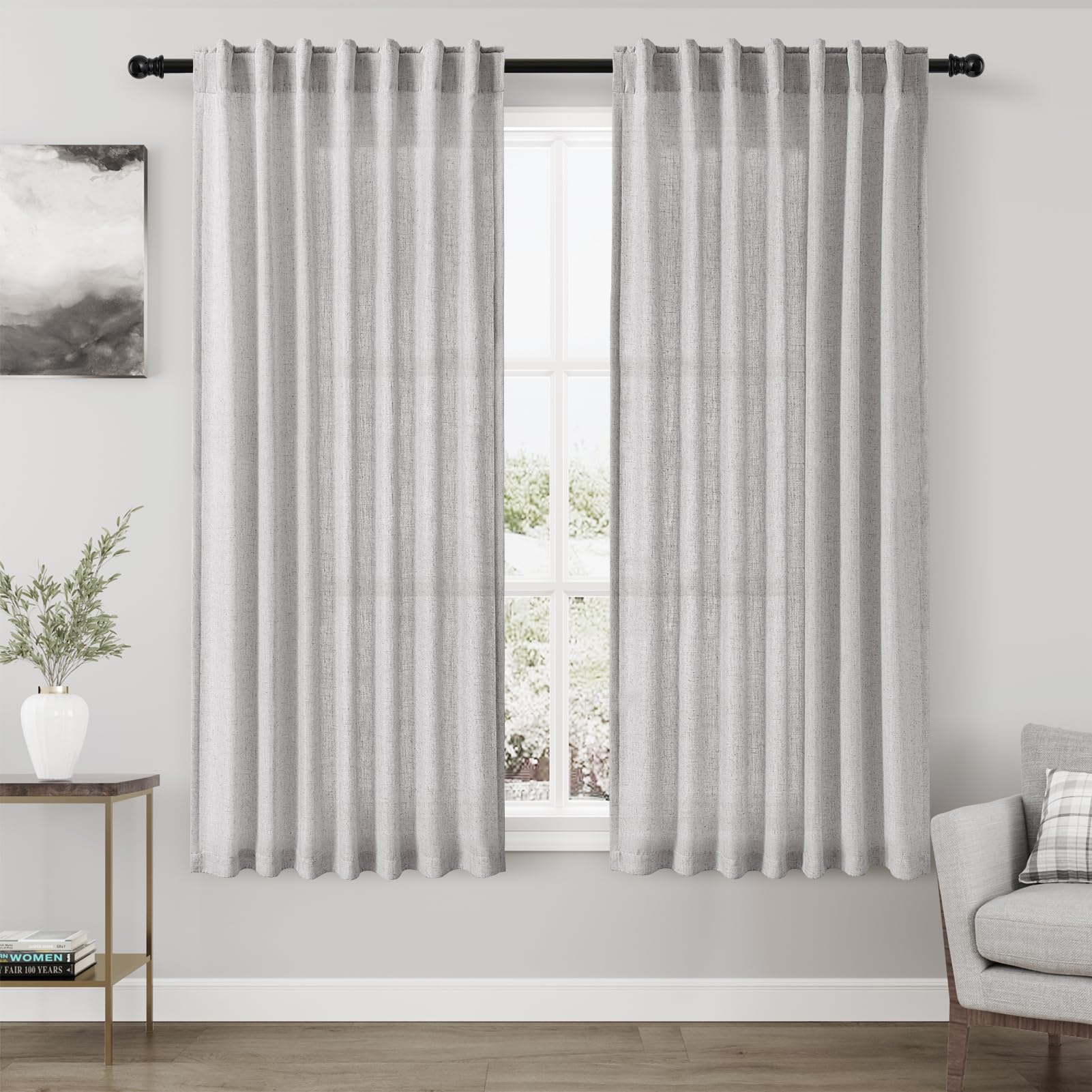 Nanspring Grey Linen Curtains 63 Inches Length 2 Panels Set for Living Room Back Tab Pocket Modern Light Filtering Semi Sheer Dr