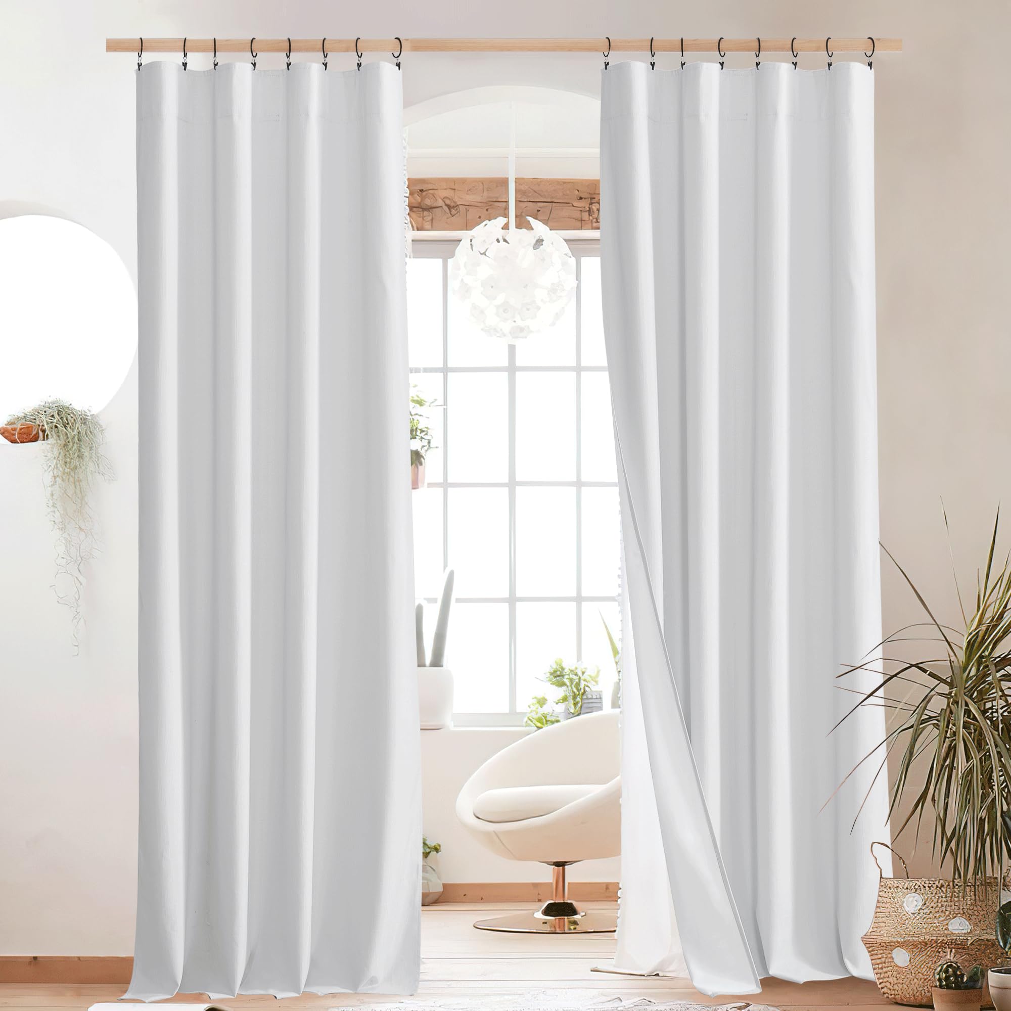NICETOWN Rod Pocket 100% Blackout Linen Curtains for Living Room with Thermal Insulated Liner, White, 52 Wide, Long Curtains 95 