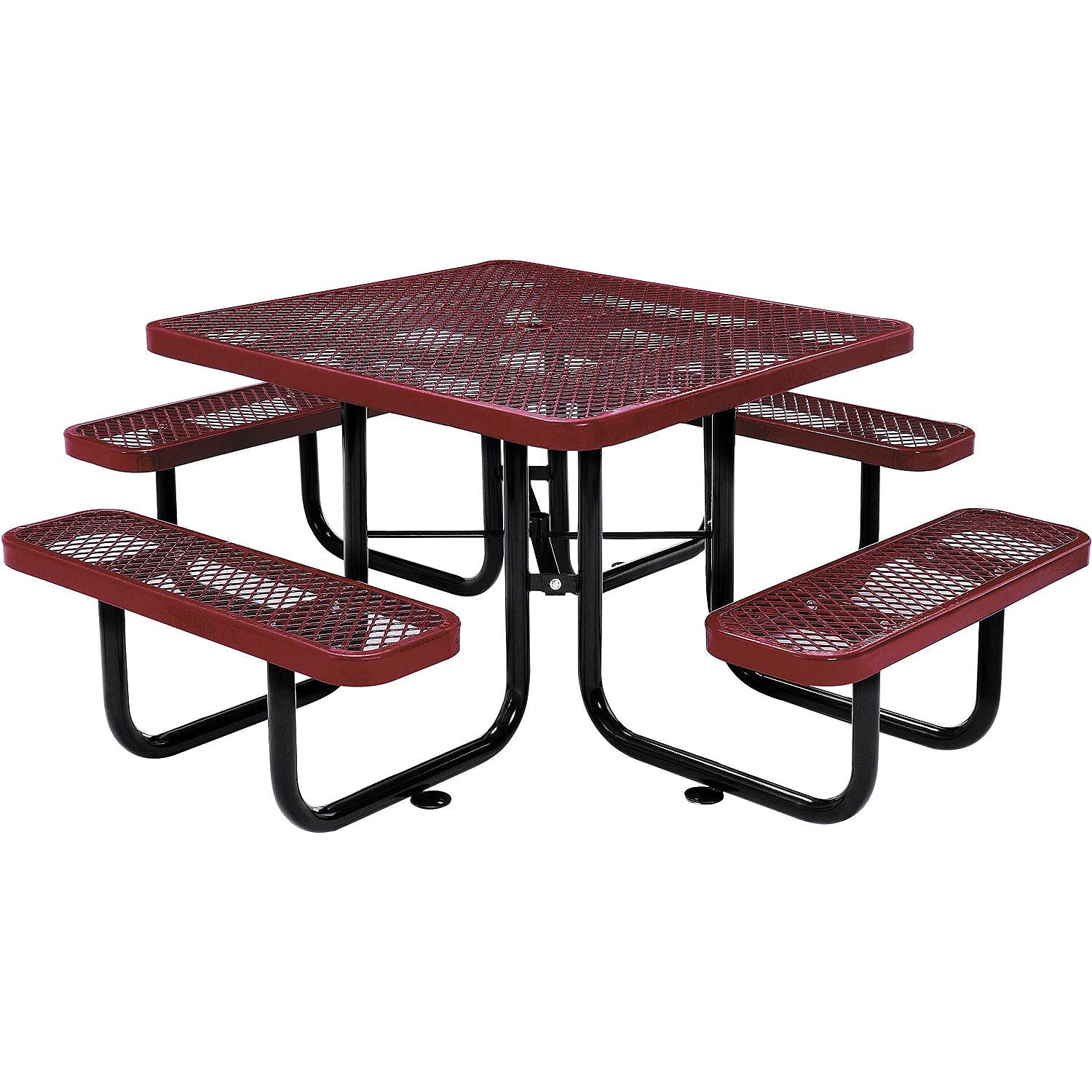 Global Industrial 46 Square Picnic Table, Expanded Metal, Red Thermoplastic Coating, Attached Benches, 1-1/2    Umbrella Pole Ho