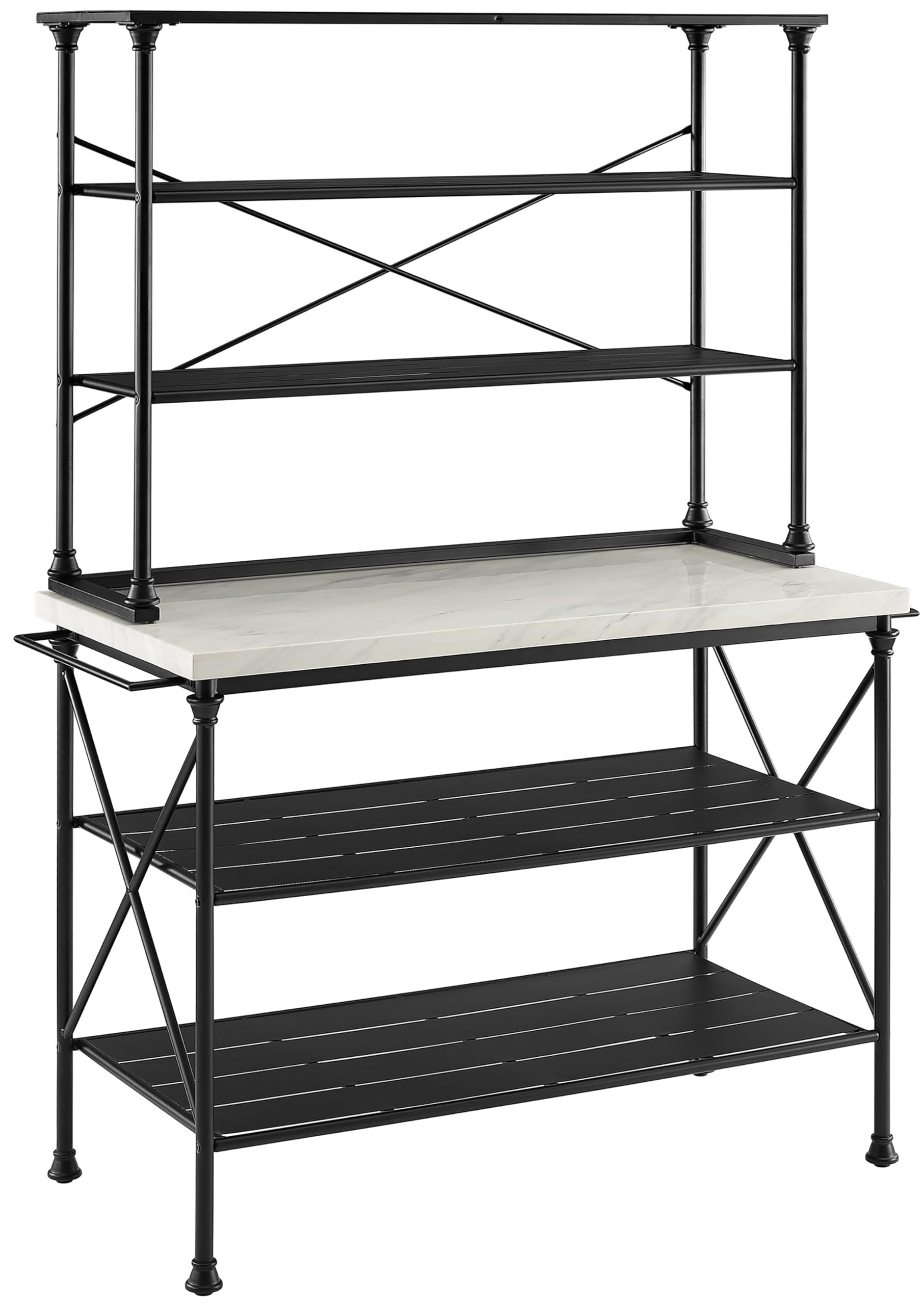 Crosley Furniture Madeleine Kitchen Island and Hutch with Shelves for Storage, Microwave Stand, Coffee Bar, Steel with Faux Marb