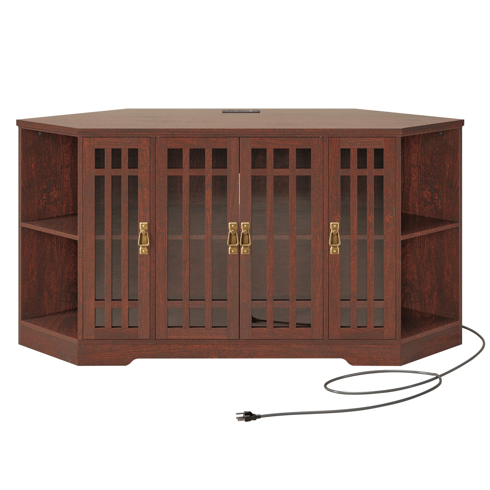 IRONCK Corner TV Stand for TVs up to 60 Inch with Power Outlet, Corner Entertainment Center with Storage Cabinet and Glass Doors