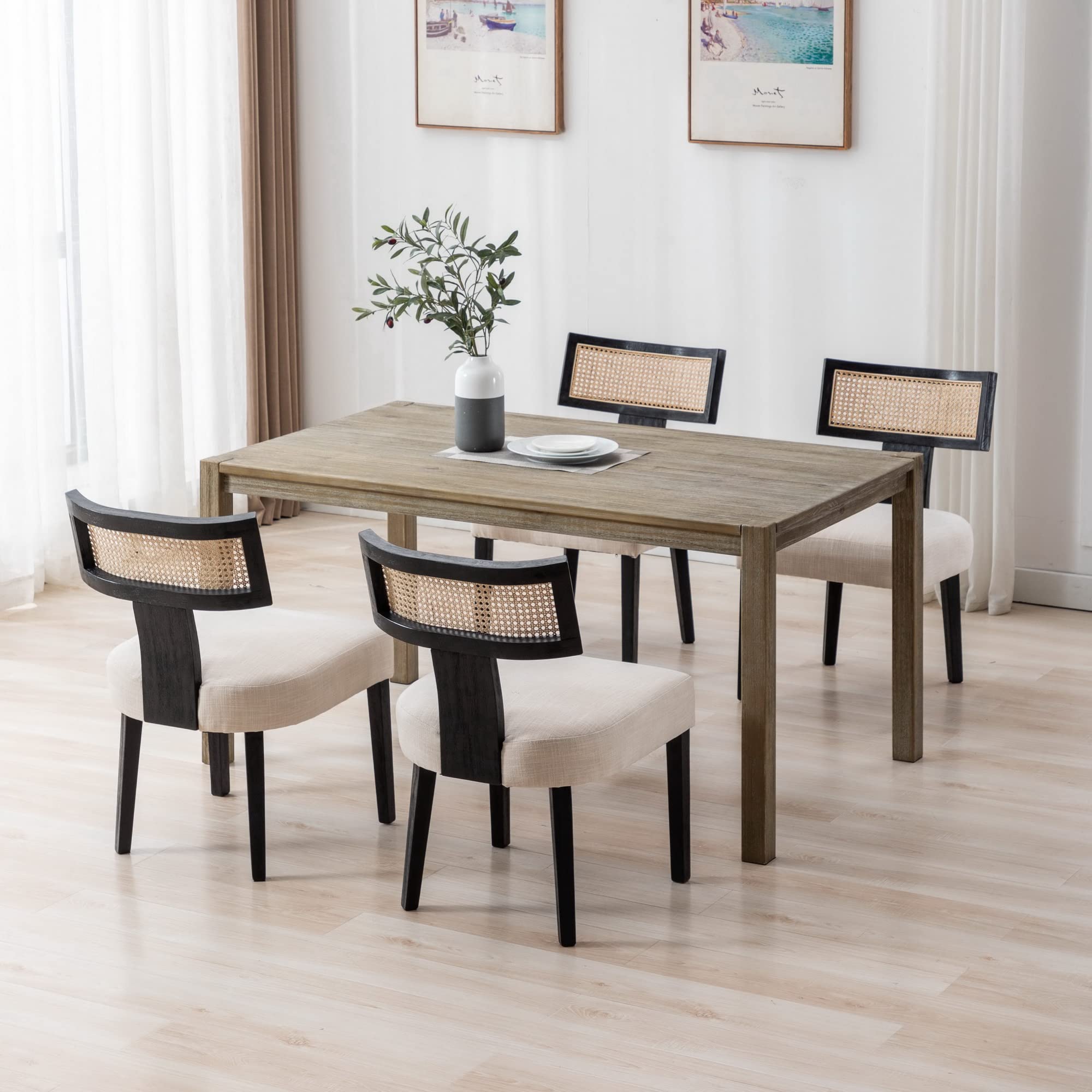 RIVOVA Rattan Dining Chairs Set of 4, Modern Dining Chairs, Kitchen Dining Room Chairs, Curved Cane Back Upholstered Linen Fabri