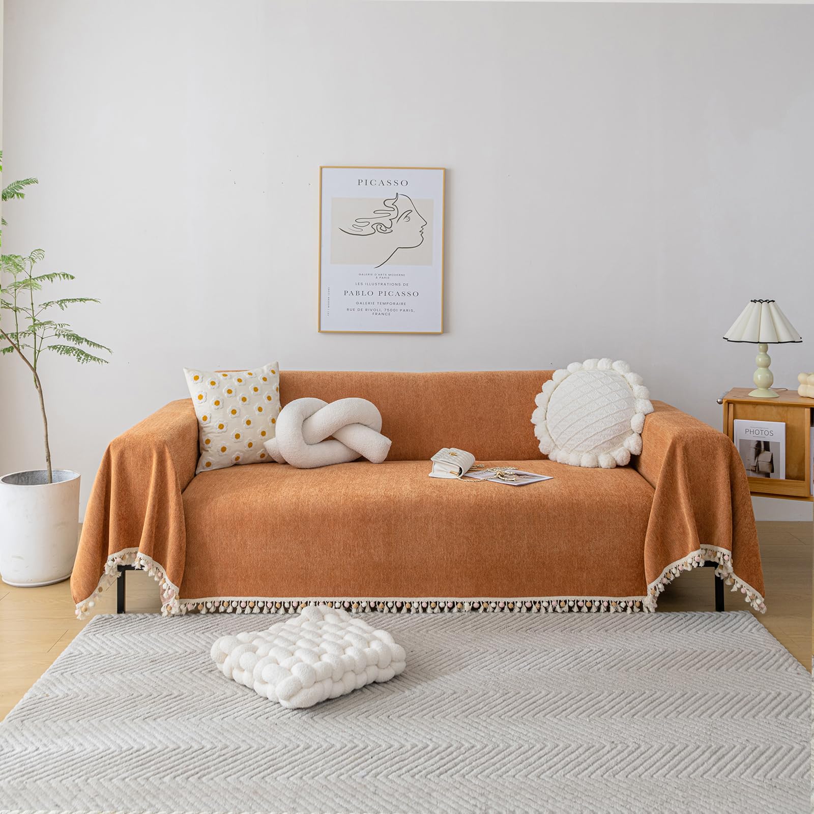 HANDONTIME Dark Orange Sofa Covers Couch Cover for Dogs Colorful Tassel Sofa Seat Cover Lovetseat Cover Pet Couch Cover Bohemian