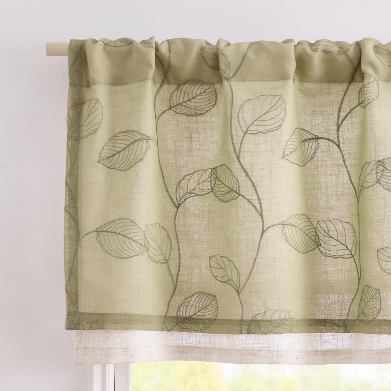 jinchan Linen Valance Curtain for Window Green Leaf Embroidered Valance 18 Inch Botanicl Farmhouse Voile Double Layer Window Tre