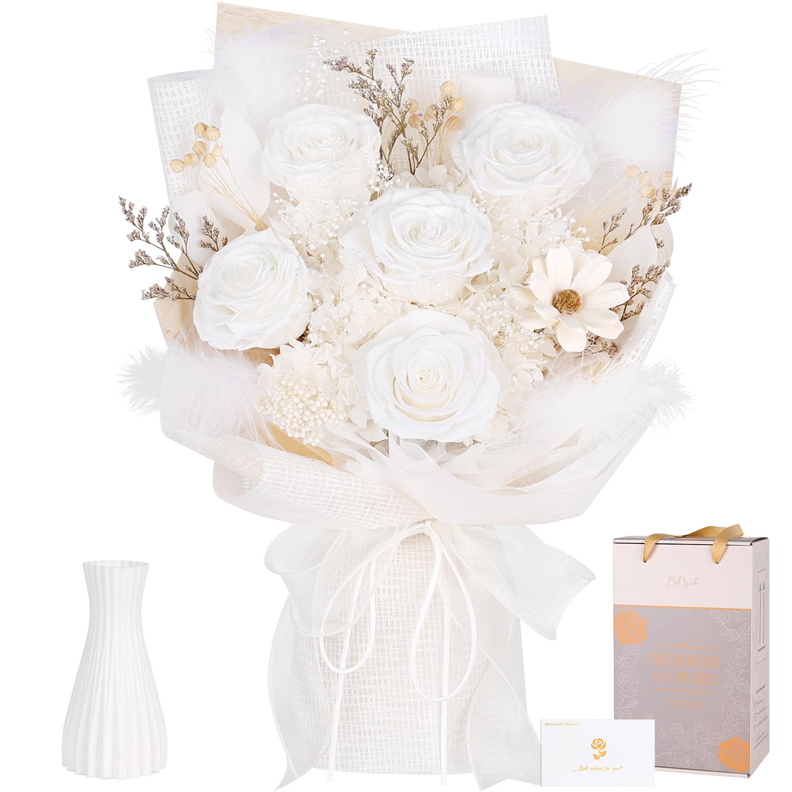 Preserved Bouquet of Flowers - 5 Roses & Flowers for Delivery, Real White Forever Flower, Eternal Roses Bouquet for Mothers, Mom