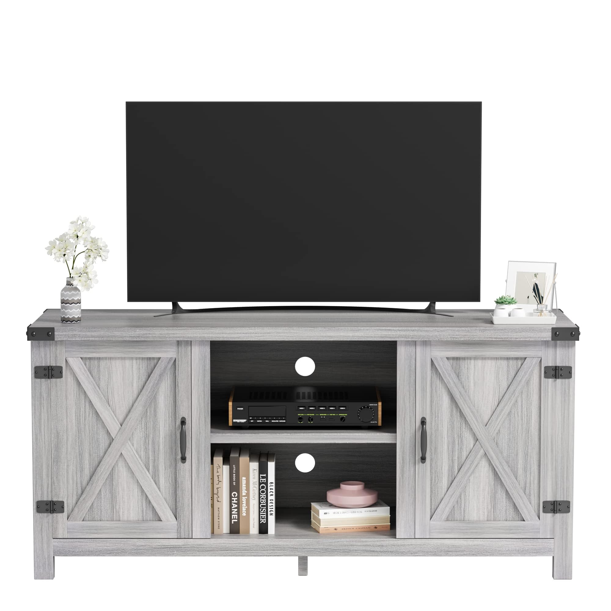 JUMMIcO Modern TV Stand with Double Barn Doors Storage cabinets for TVs to 65+ Inch, Farmhouse TV Entertainment center 58 Inch T