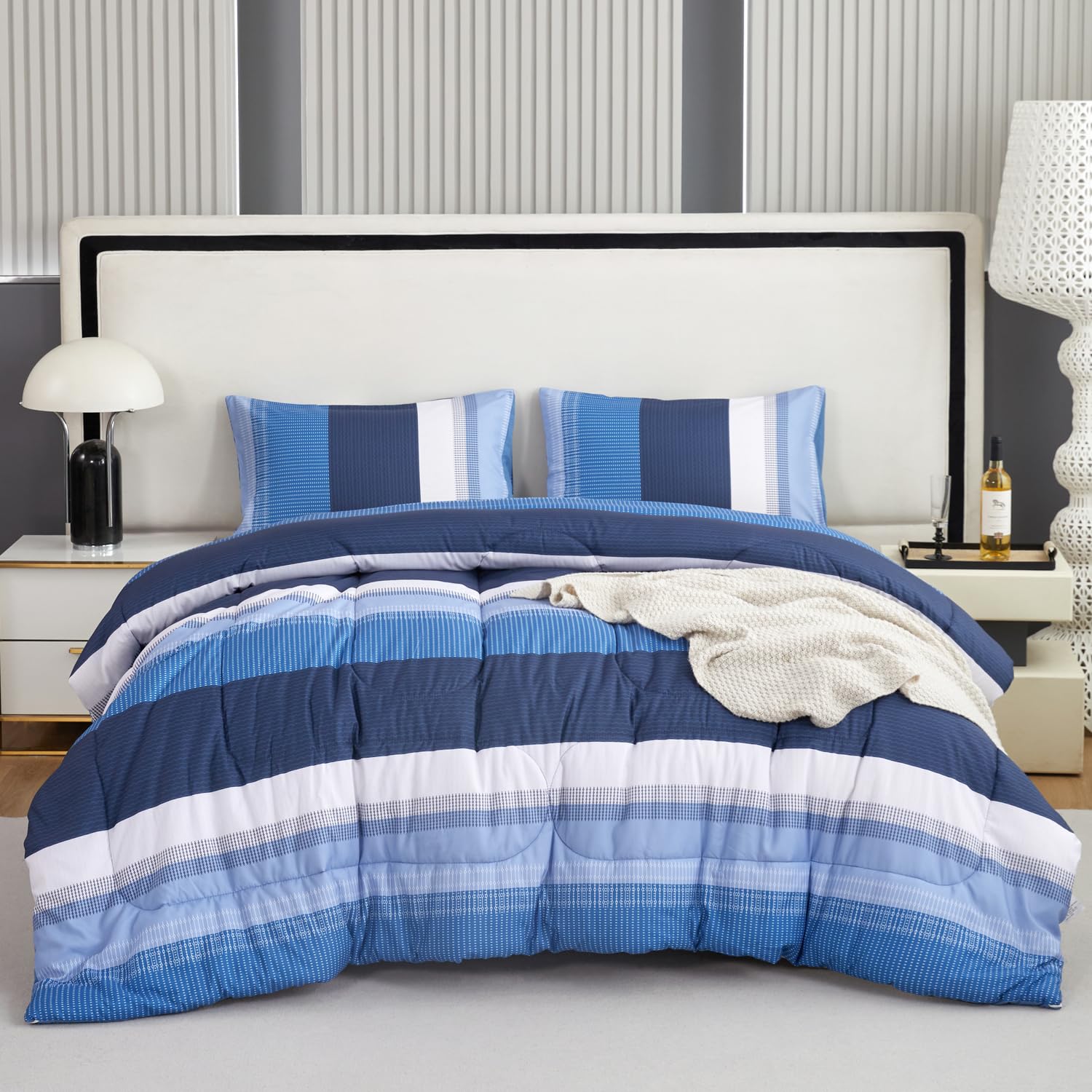 PERFEMET Navy Blue Queen Comforter Set 3 Pieces Striped Comforter Blue White Colorblock Bedding Set Soft Fluffy Bed Comforter Se