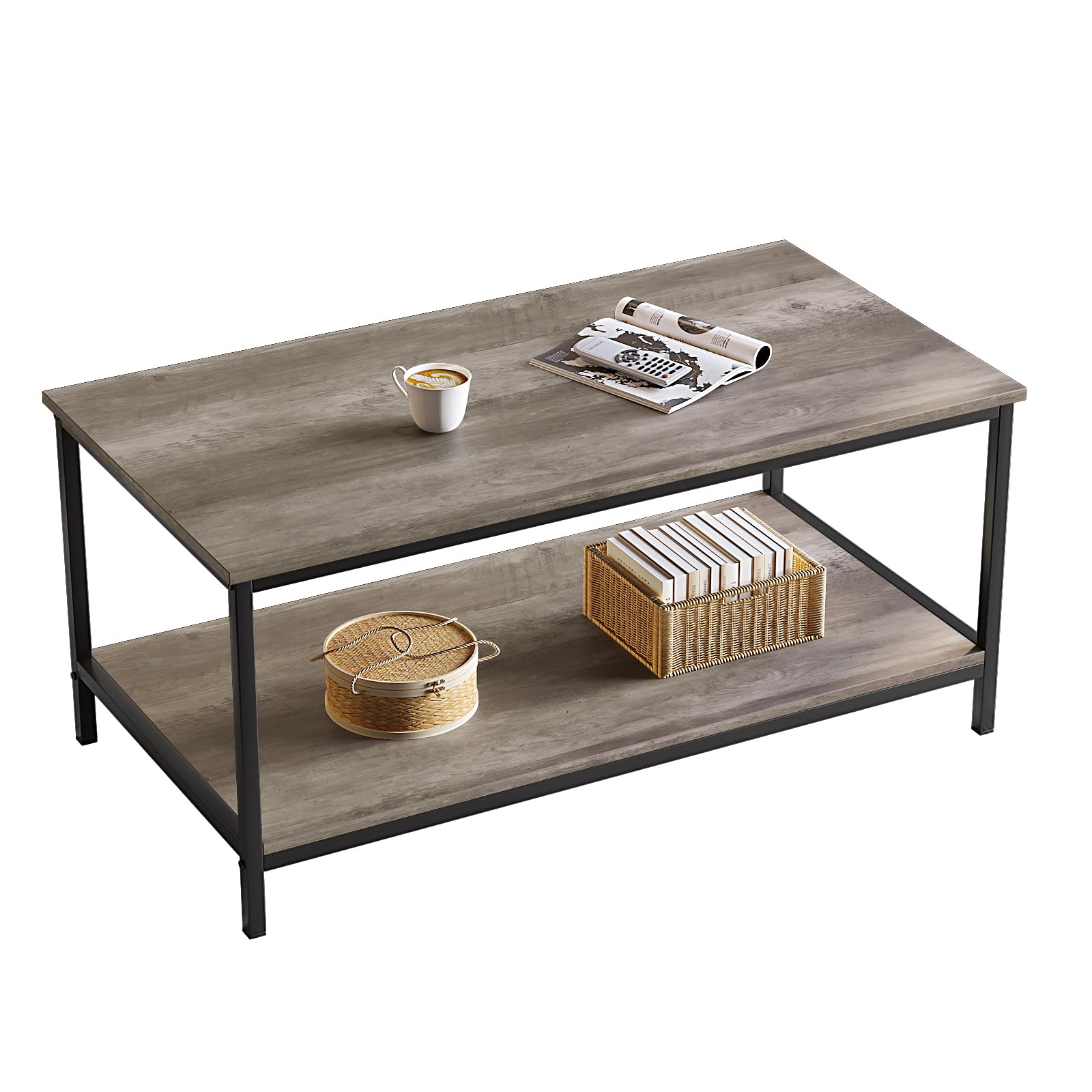 SAYGOER 2-Tier Coffee Table for Living Room Farmhouse Style Center Table with Storage Shelf Rectangle Wood Table for Large or Sm