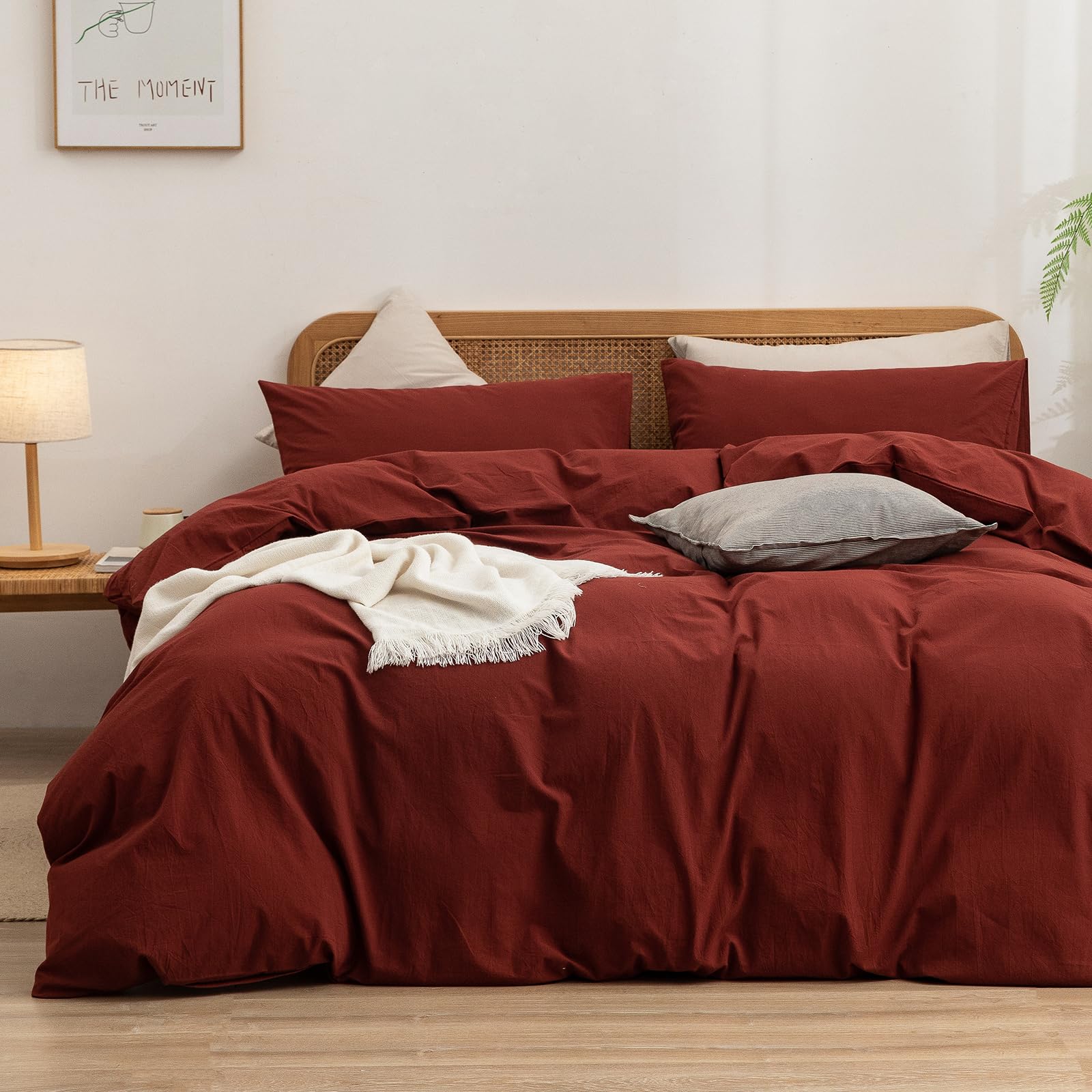 BESTOUCH Duvet Cover Set 100% Washed Cotton Linen Feel Super Soft Comfortable Chic Lightweight 2 PCs Home Bedding Set Solid Fire