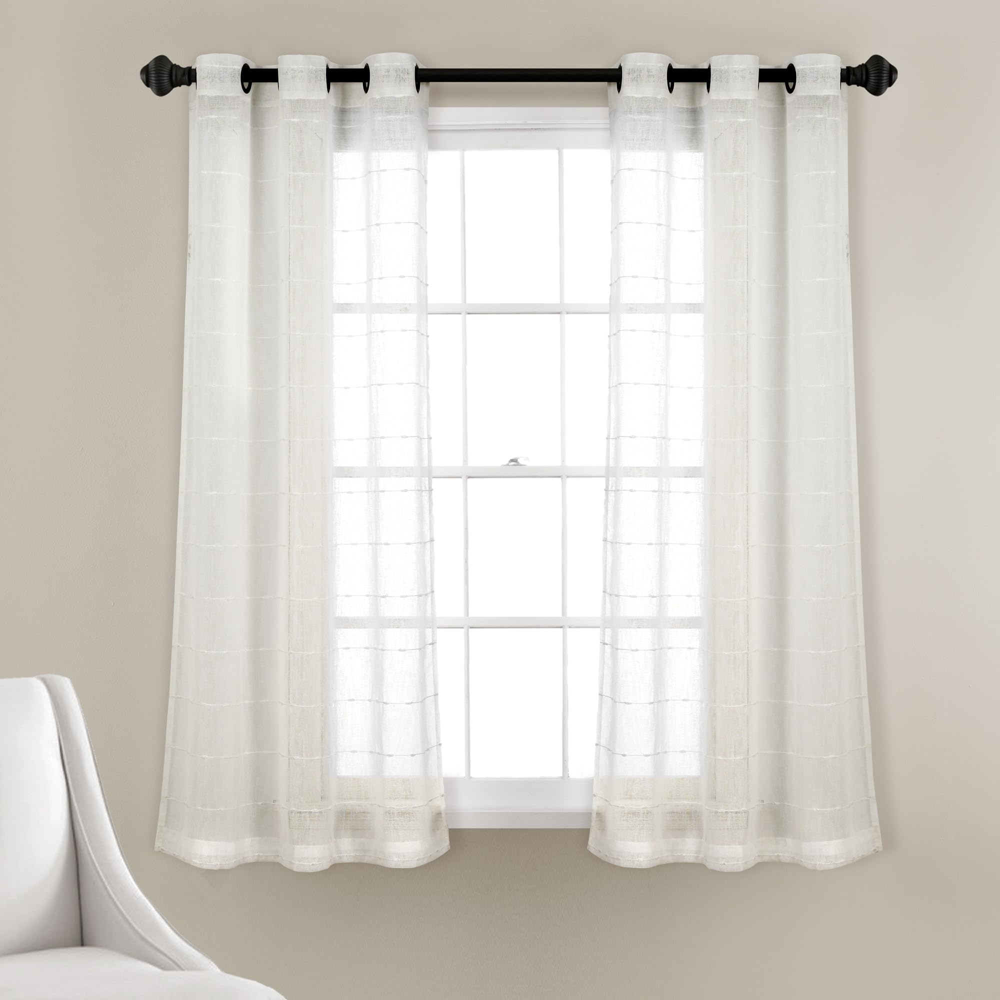 Lush Decor Farmhouse Textured Grommet Sheer Window Curtain Panel Pair, 38W x 63L, White