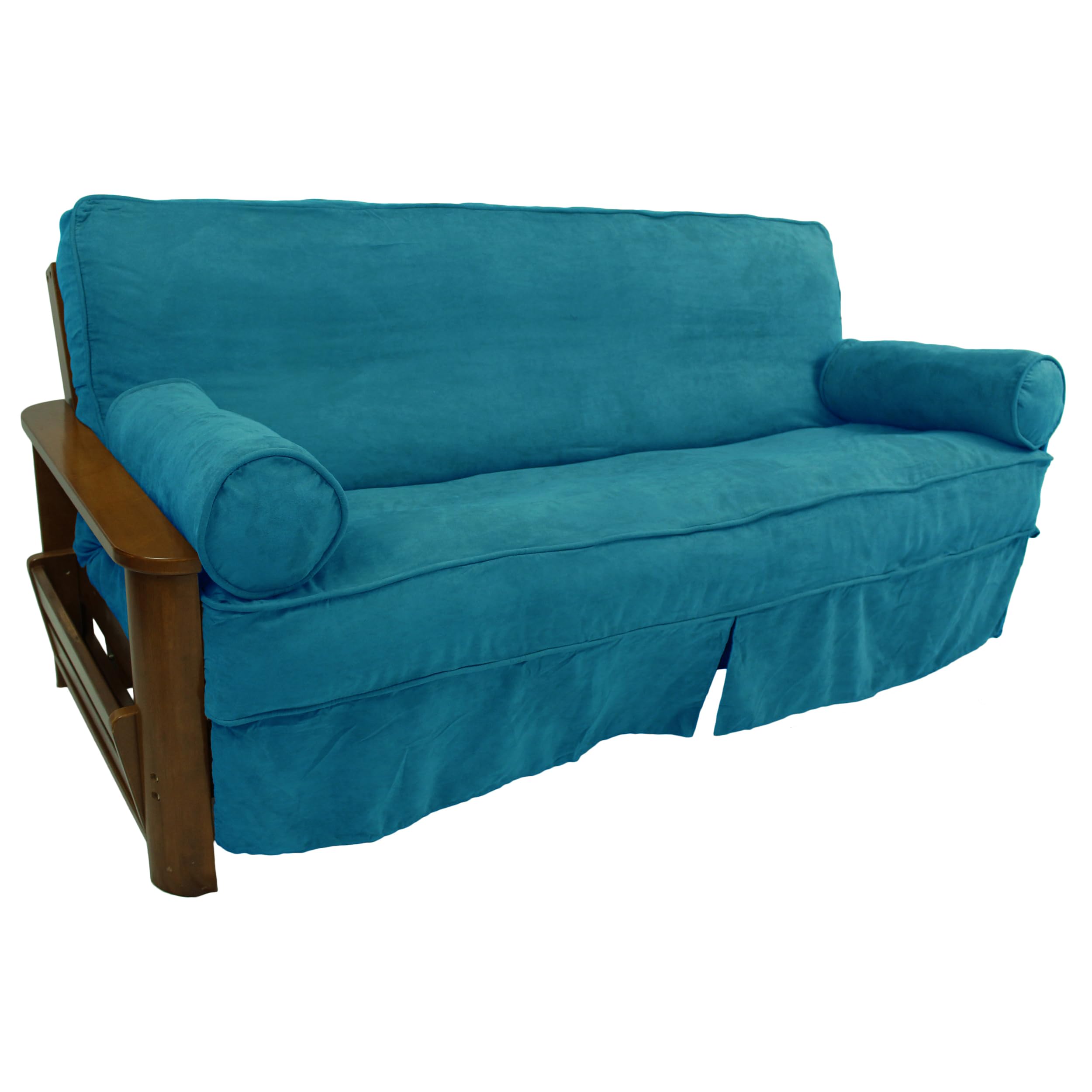 Blazing Needles Solid Microsuede Double Corded 8 to 9 Futon Slipcover Set with 2 Bolster Pillows (Set of 3), Full, Aqua Blue
