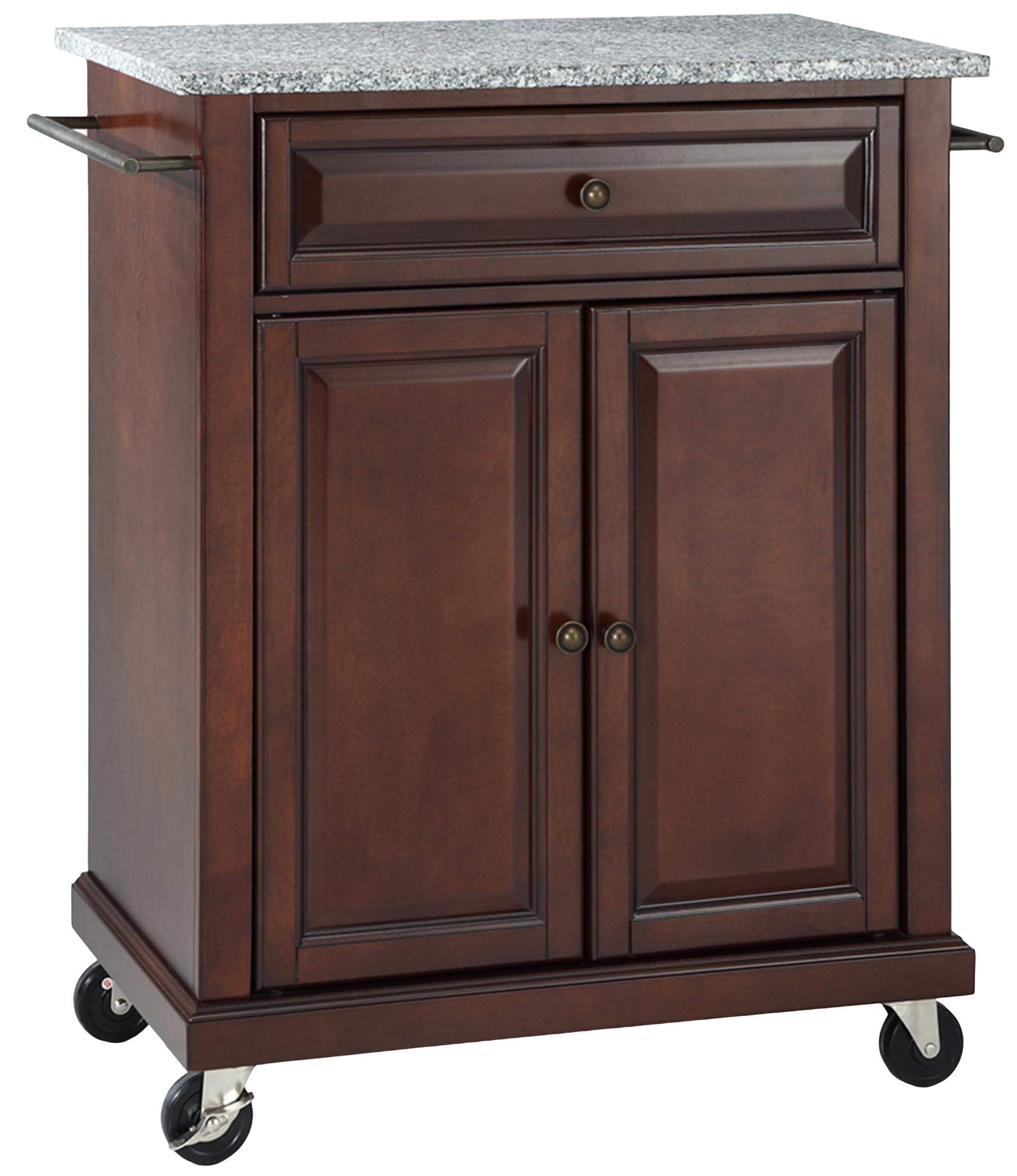 Crosley Furniture Compact Granite Top Small Rolling Cart with Shelves, Microwave Stand with Towel Rack, Mahogany