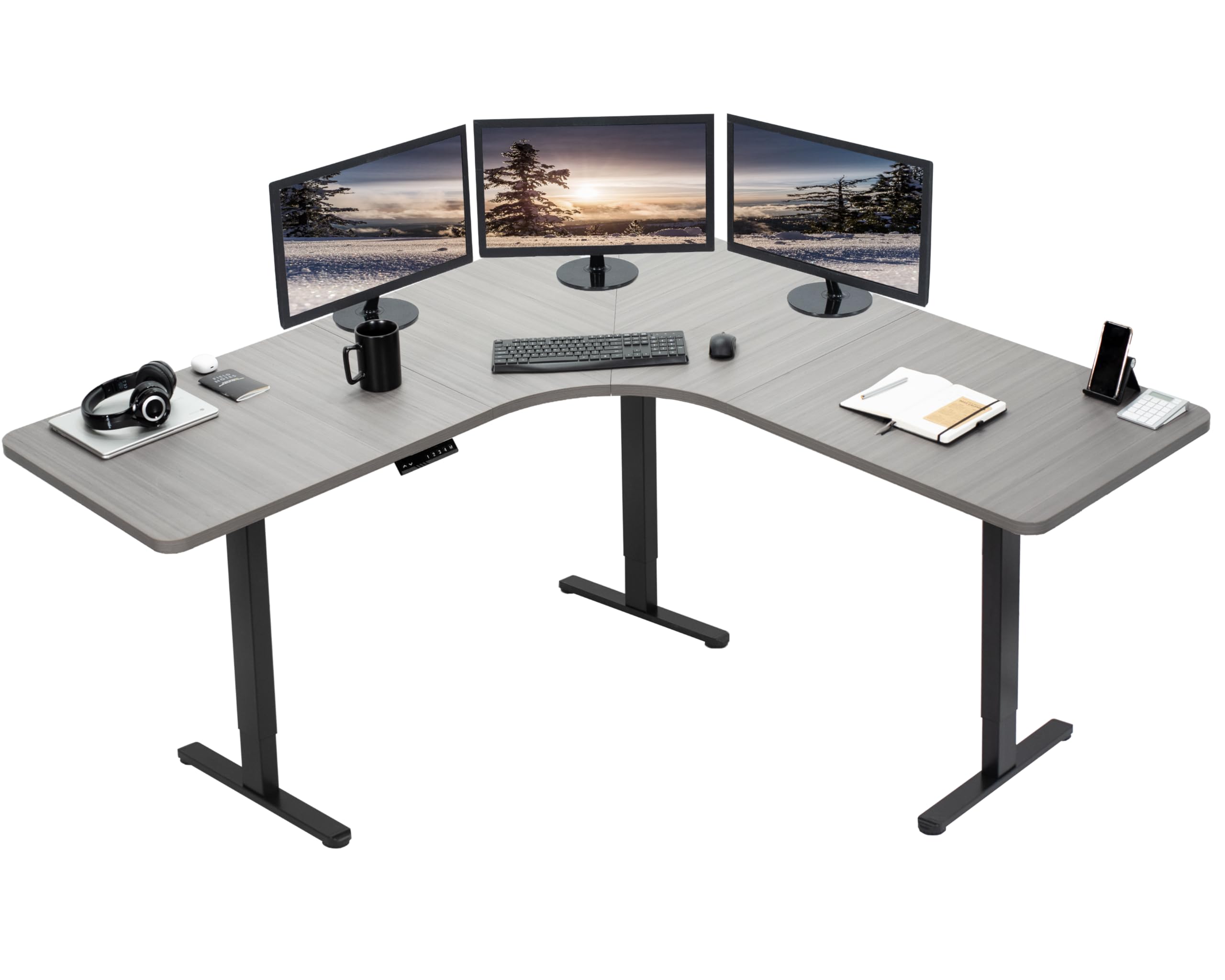 VIVO Electric Height Adjustable 71 x 71 inch Curved Corner Stand Up Desk, Dark Gray Table Top, Black Frame, Memory Controller, L