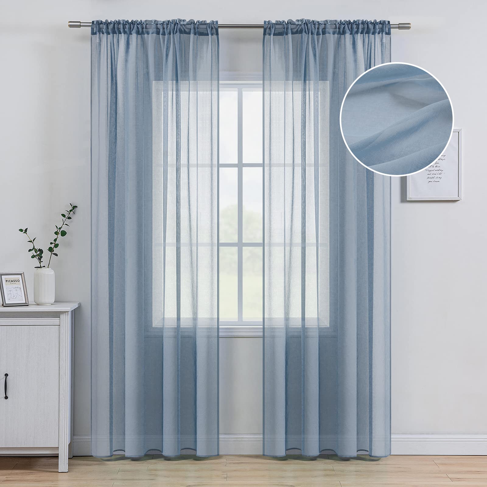 MIULEE Dusty Blue Linen Textured Sheer Curtains for Bedroom Living Room Semi Transparent Farmhouse Window Curtain Panels Rod Poc