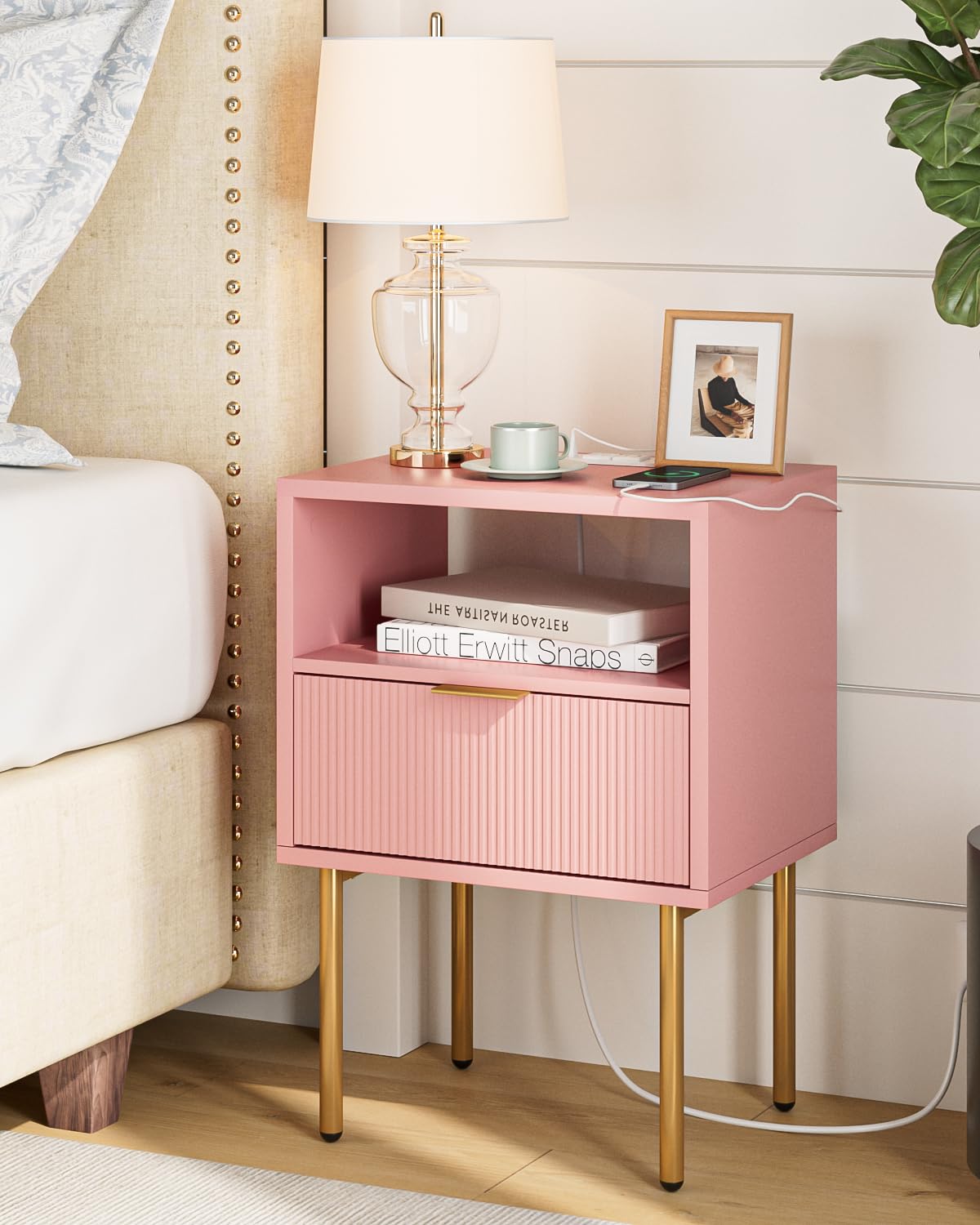 Masupu Nightstand with Charging Station,Mid-Century Modern Bedside Table with Storage Drawer and Open Wood Shelf,Small Gold Fram