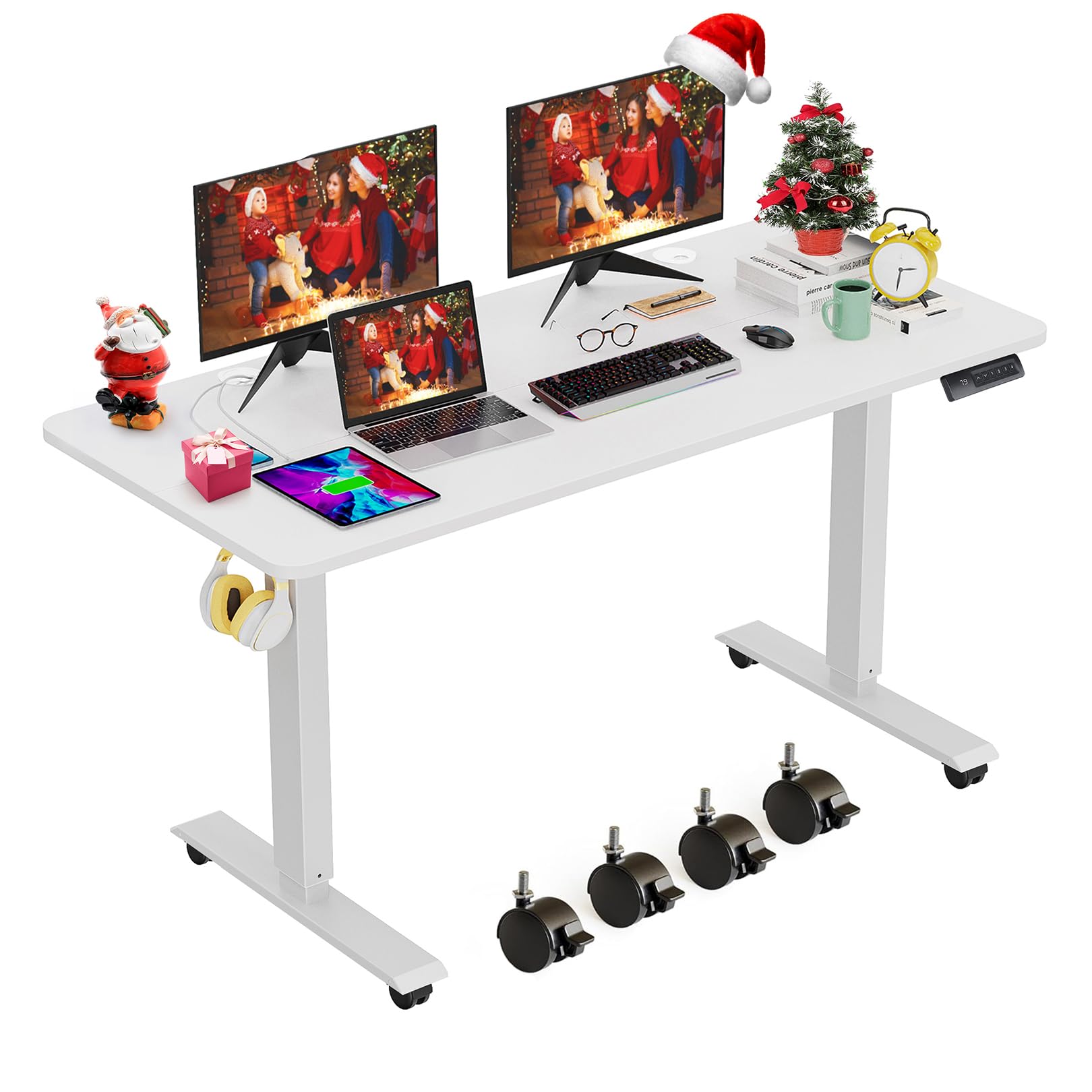 farexon Electric Standing Desk Adjustable Height, 48x24 Inches Stand Up Desk with 4 Preset Heights, Lockable Casters, Double Hoo