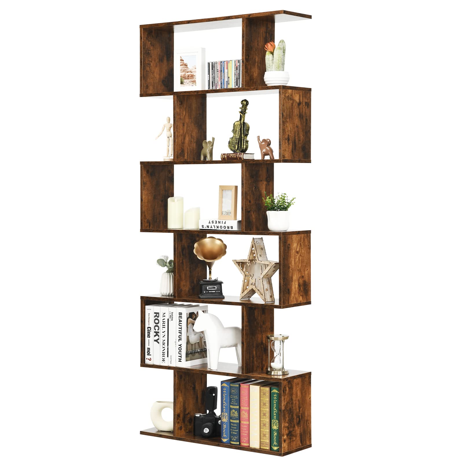 Giantex Geometric Bookcase Rustic, S-Shaped Wooden Bookshelf, 6-Tier Modern Freestanding Decorative Storage Display Shelves for 