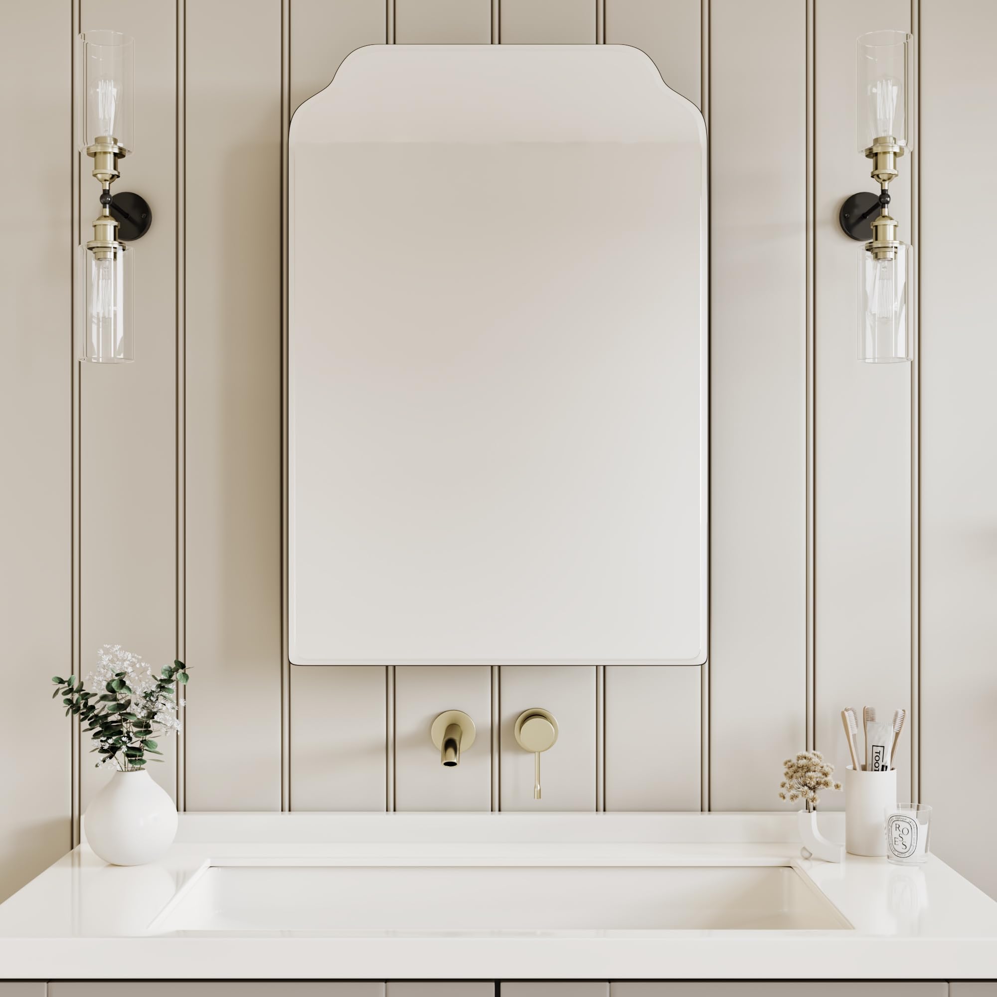 AGDULL Victorian-Style Recessed Bathroom Medicine Cabinet, Storage Cabinet, Bathroom Wood Wall Cabinet with Curved Mirror, Black