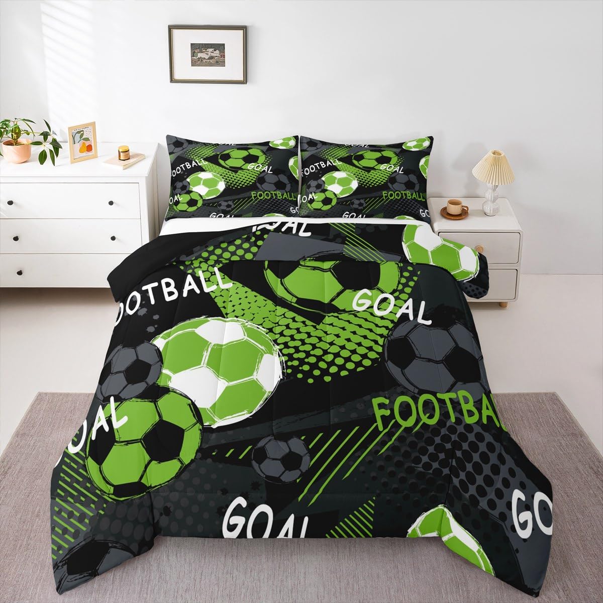 jejeloiu Soccer Comforter Set Kids Full Size Football Bedding Set for Boys Girls Teens Geometric Ball Gaming Sports Theme Duvet 