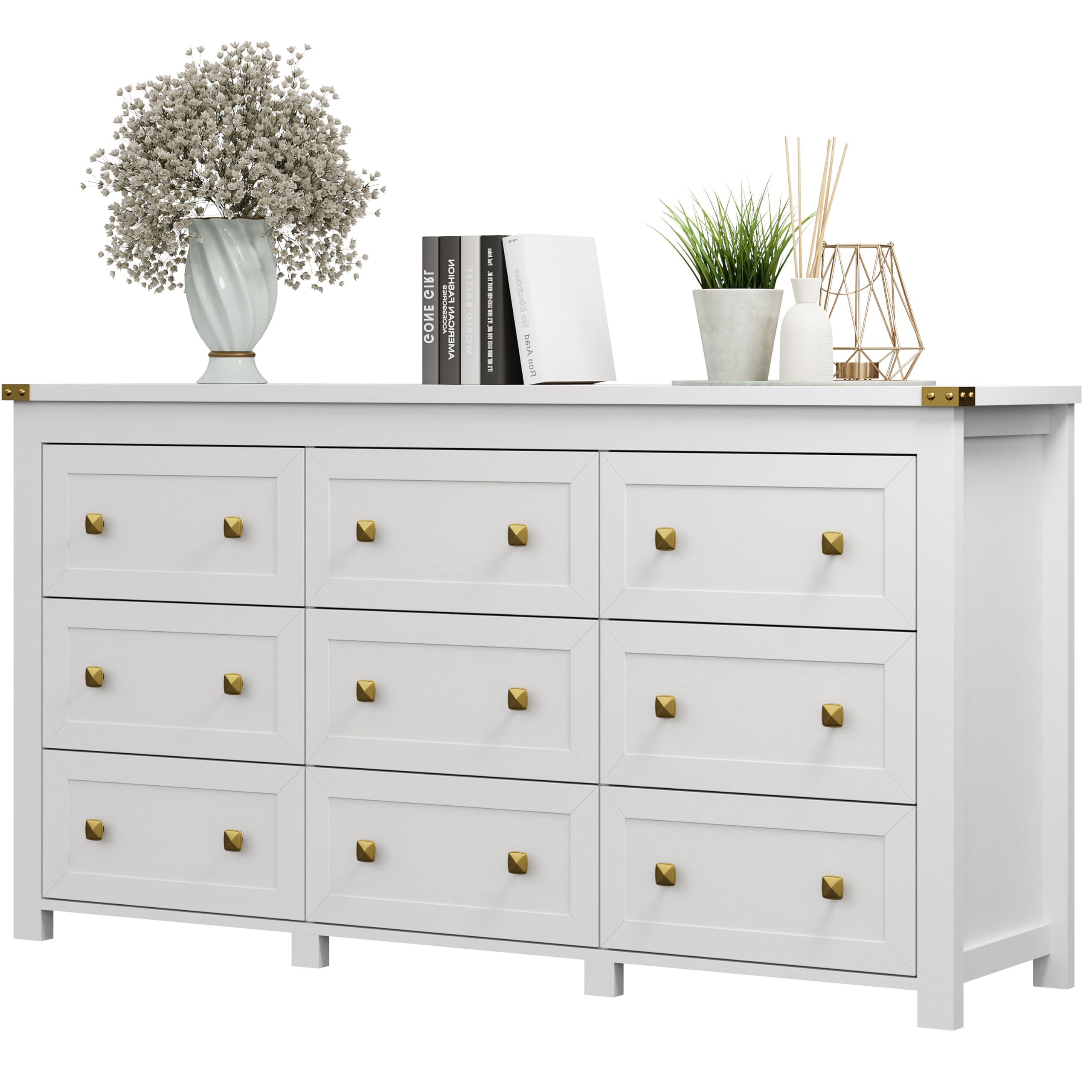 Dresser for Bedroom with 9 Drawers, Farmhouse Wood Chest of Drawers, Wide TV Stand Closet Storage Furniture with Metal Handle, M