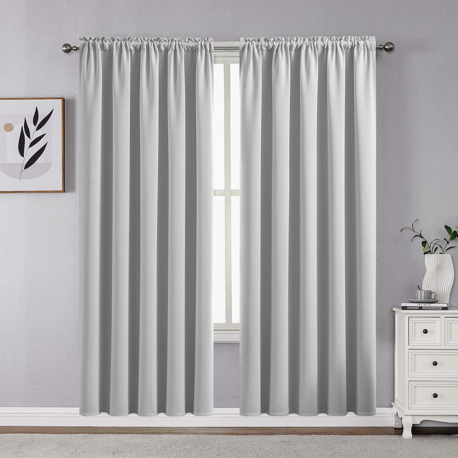 CUCRAF Grayish White Blackout Curtains 72 inch Length 2 Panels Set, Rod Pocket Room Darkening Drapes for Bedroom Living Room, In