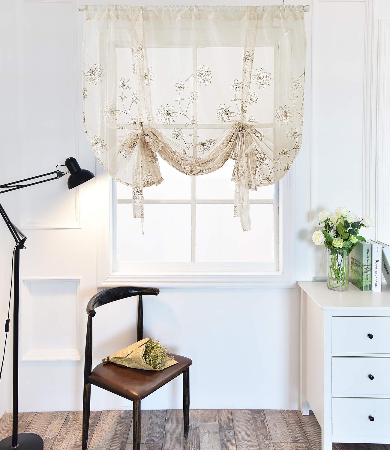 Molaxhome Roman Curtain Window Shades Sheers 46x63inch Rod Pocket, Embroidery Balloon Curtains Drapes 1 Panels for Kitchen Room 