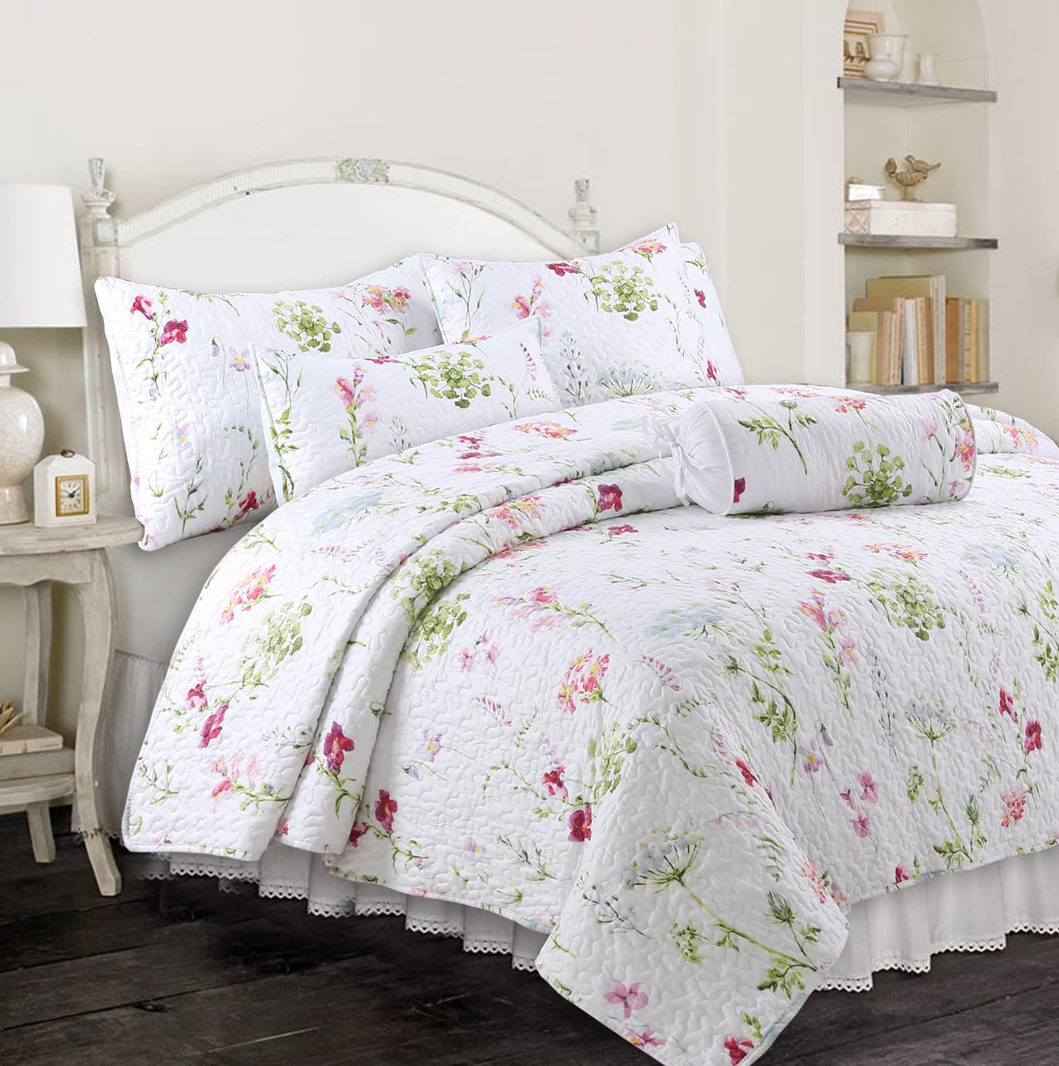 Cozy Line Home Fashions Light Pink Blue Flower Bloom Floral Garden Reversible Quilt Bedding Set, Coverlet Bedspread Lightweight 