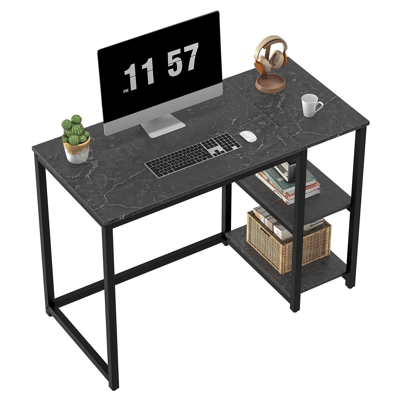 SINPAID Computer Desk 40 inches with 2-Tier Shelves Sturdy Home Office Desks with Large Storage Space Modern Gaming Desk Study W