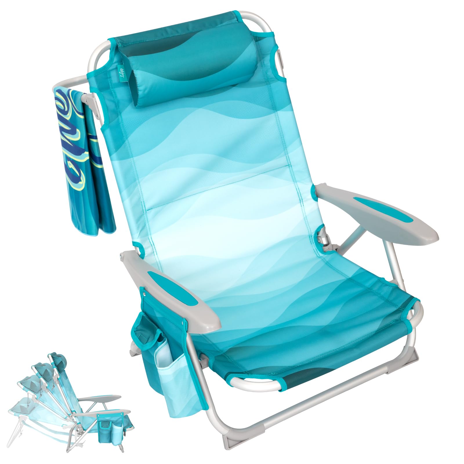 #WEJOY Lightweight Low Beach Chair for Adults, 4-Position Aluminum Folding Camping Chairs with Shoulder Strap, Cup Holder and Pa