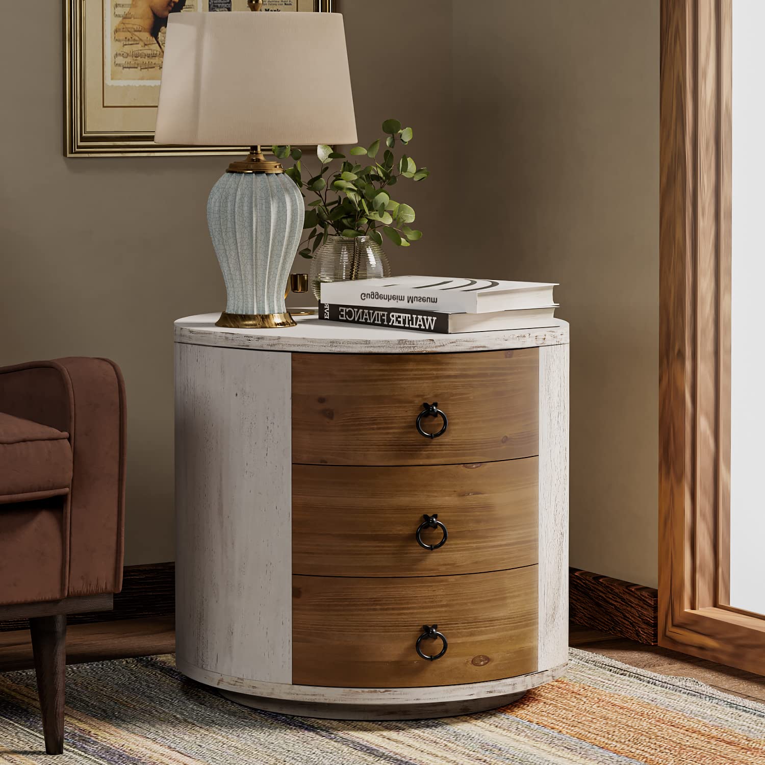 COSIEST 3 Drawer Chest of Drawers, 20 inch MDF Round Storage Cabinet, Retro Whitewash Finish Nightstand, Wood Bedside Table with