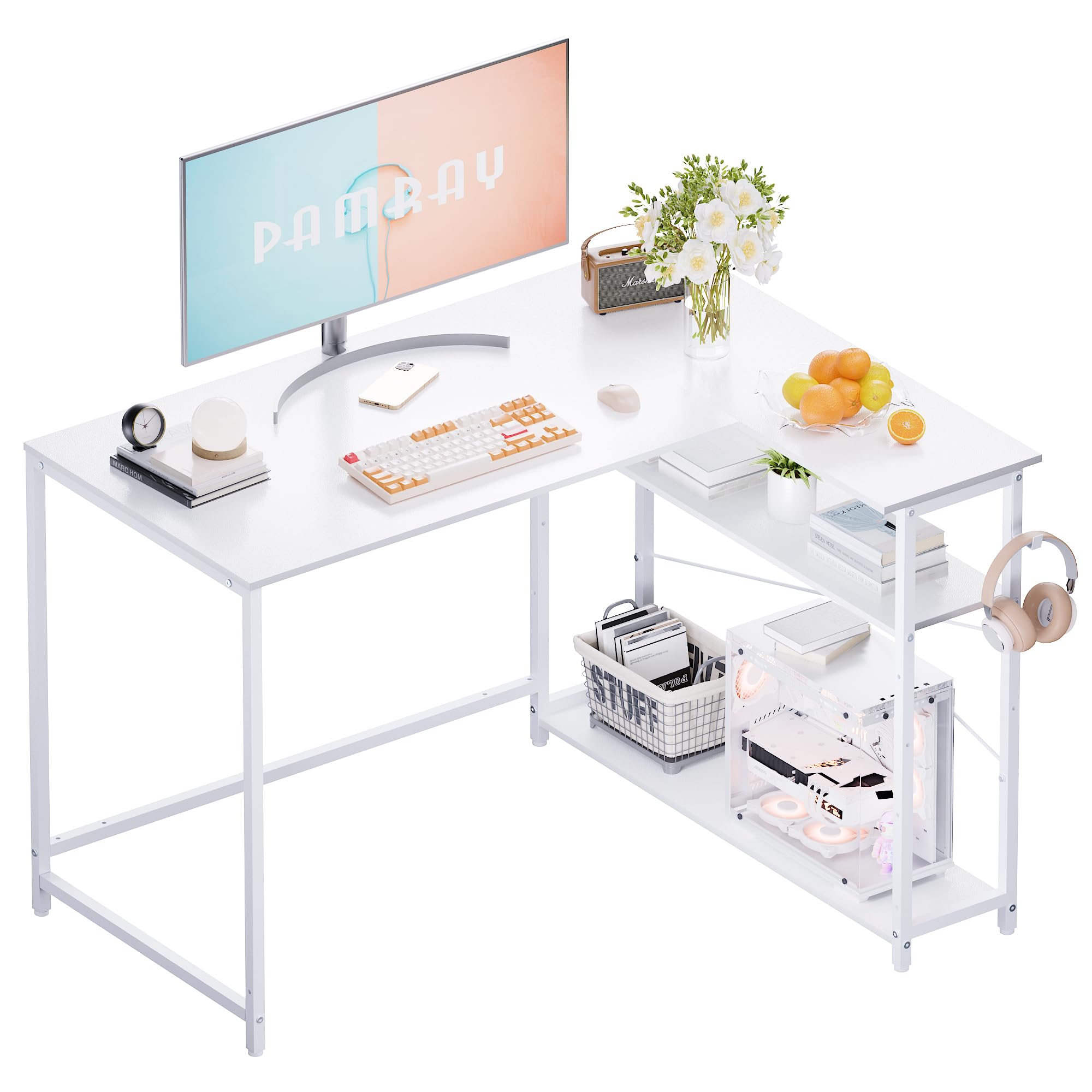 Pamray 43 Inch L Shaped Computer Desk with Reversible Side Storage Shelves, Small Corner Desk for Small Space Home Office,Writin
