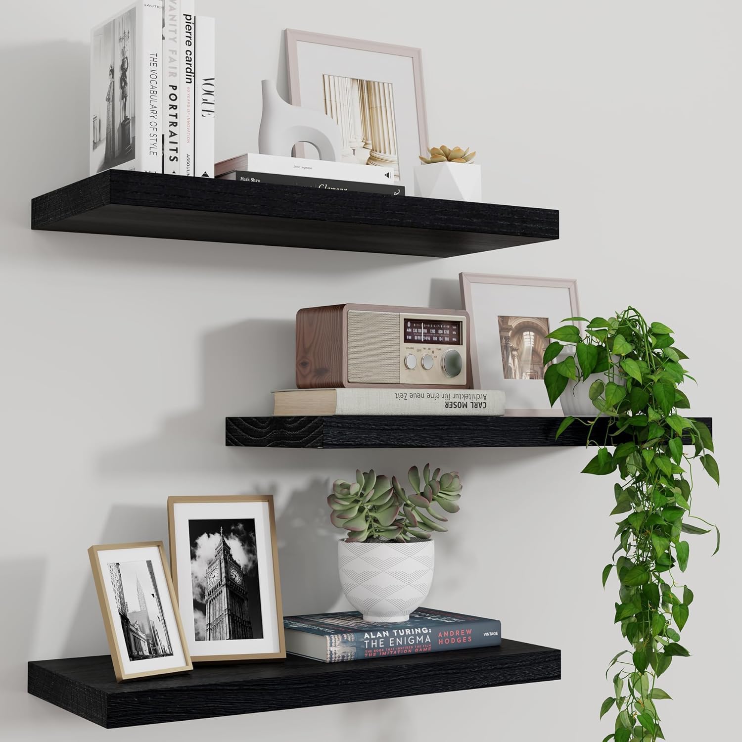 Marsmiles Wood Floating Shelves for Wall Set of 3, 17 Inch Wide Rustic Wooden Floating Shelves, Invisible Wall Mounted Display f