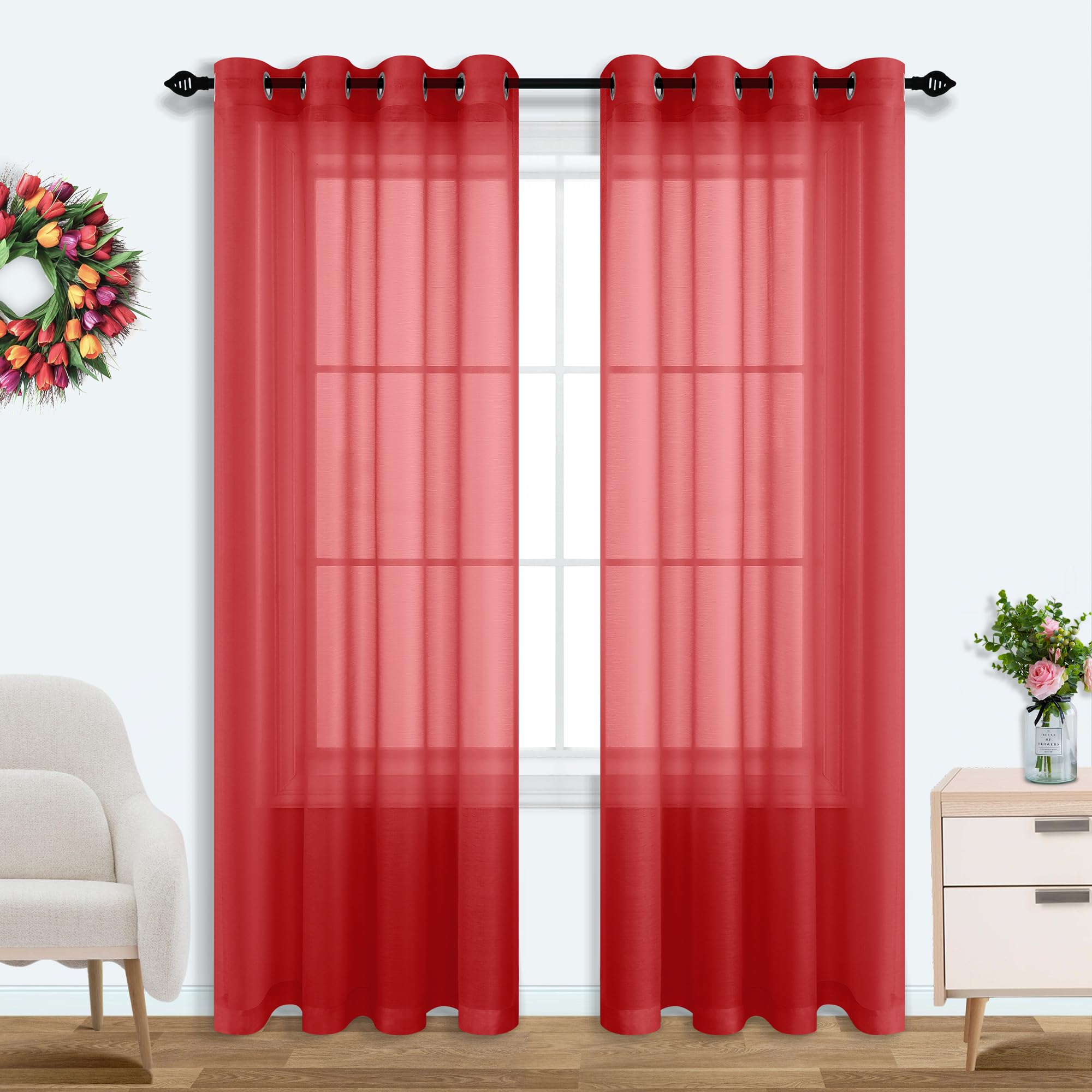 Mrs.Naturall Red Sheer Curtains 84 Inches Long for Living Room Grommet Set of 2 Panels Faux Linen Windows Treatment Voile Drapes