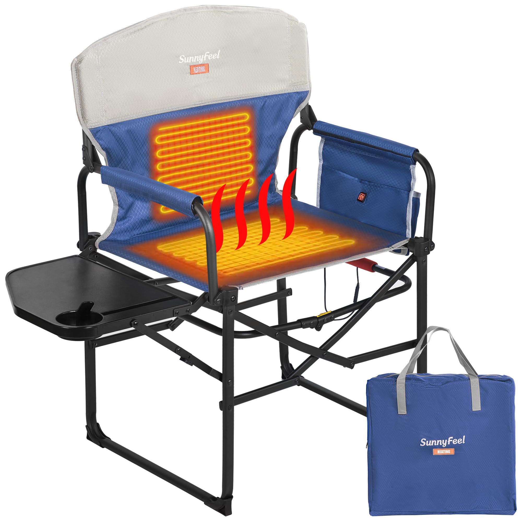 SUNNYFEEL Heated Camping Directors Chair, Heavy Duty,Oversized Outdoor Portable Heating Folding Chair with Side Table, Pocket fo