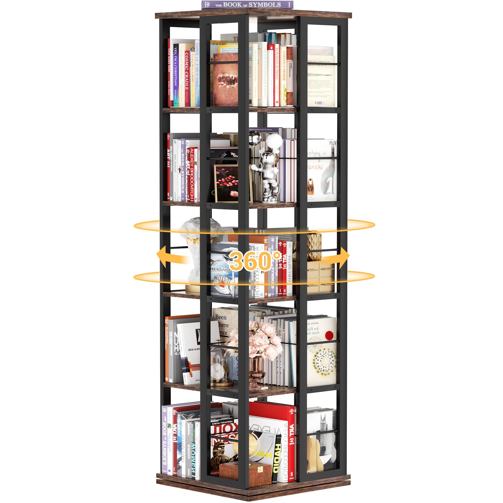 Aheaplus Rotating Bookshelf, Corner Bookcase, 360 Display Wood Spinning Bookshelves, Floor Standing Bookcase Narrow Shelf,5 Tier