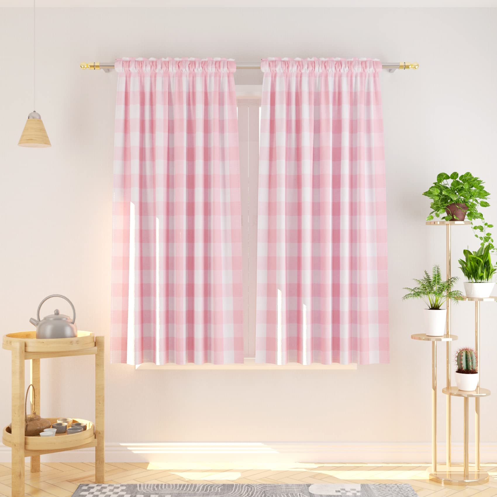 NATUS WEAVER Buffalo Check Curtains 54 inches Long Cotton Basement Pink and White Gingham Plaid Kitchen Window Curtain Panels Li