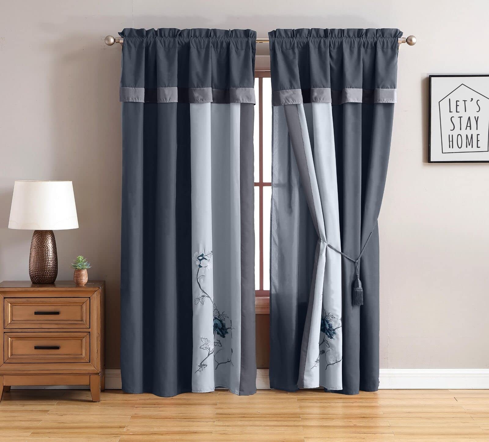 Chezmoi Collection Vienna 4-Pieces Gray Blue Embroidered Floral Window Curtain Set w/Tassels