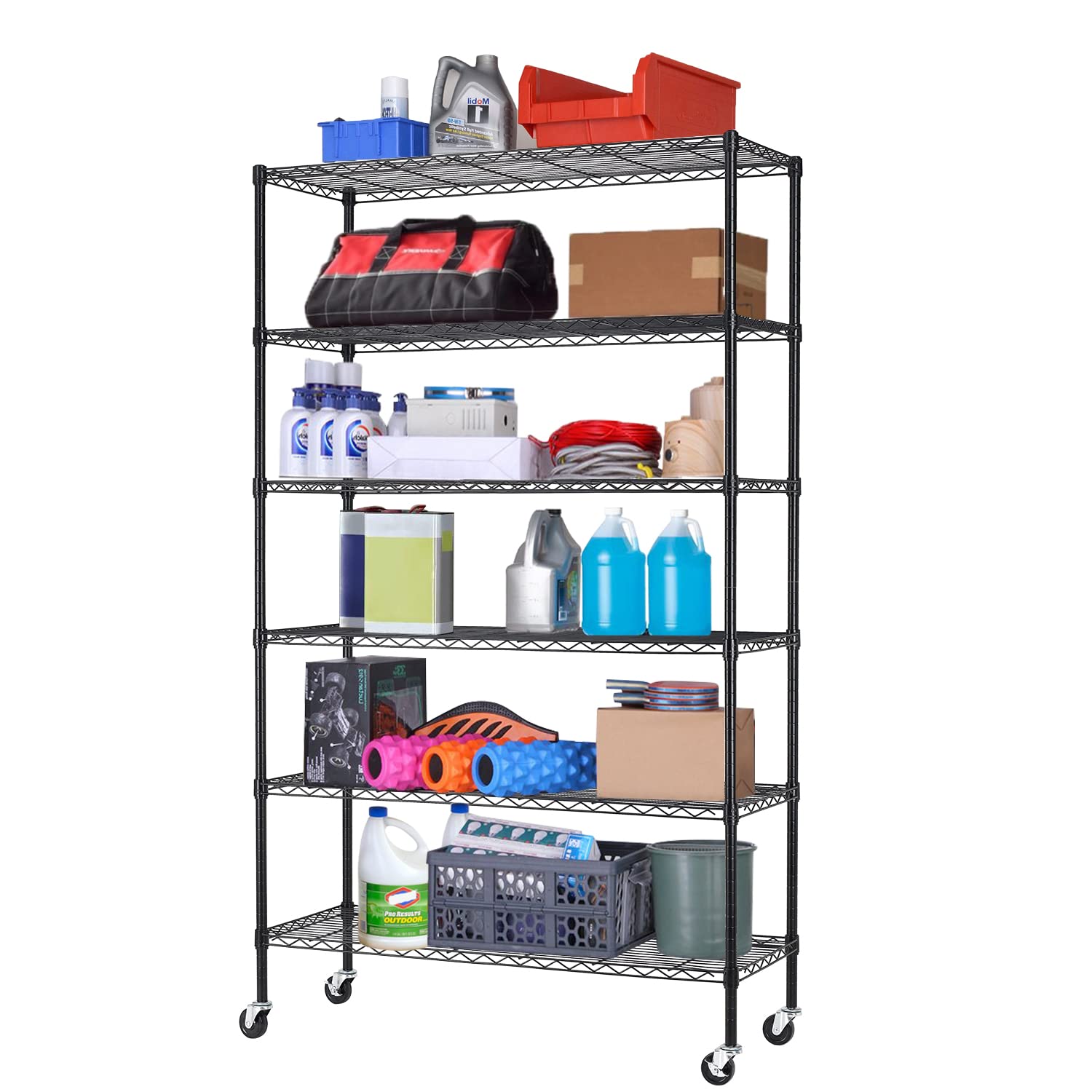 Storage Shelves 2100Lbs Capacity, 6-Shelf on Casters 48 L  18 W  72 H Commercial Wire Shelving Unit Adjustable Layer Metal Rack 