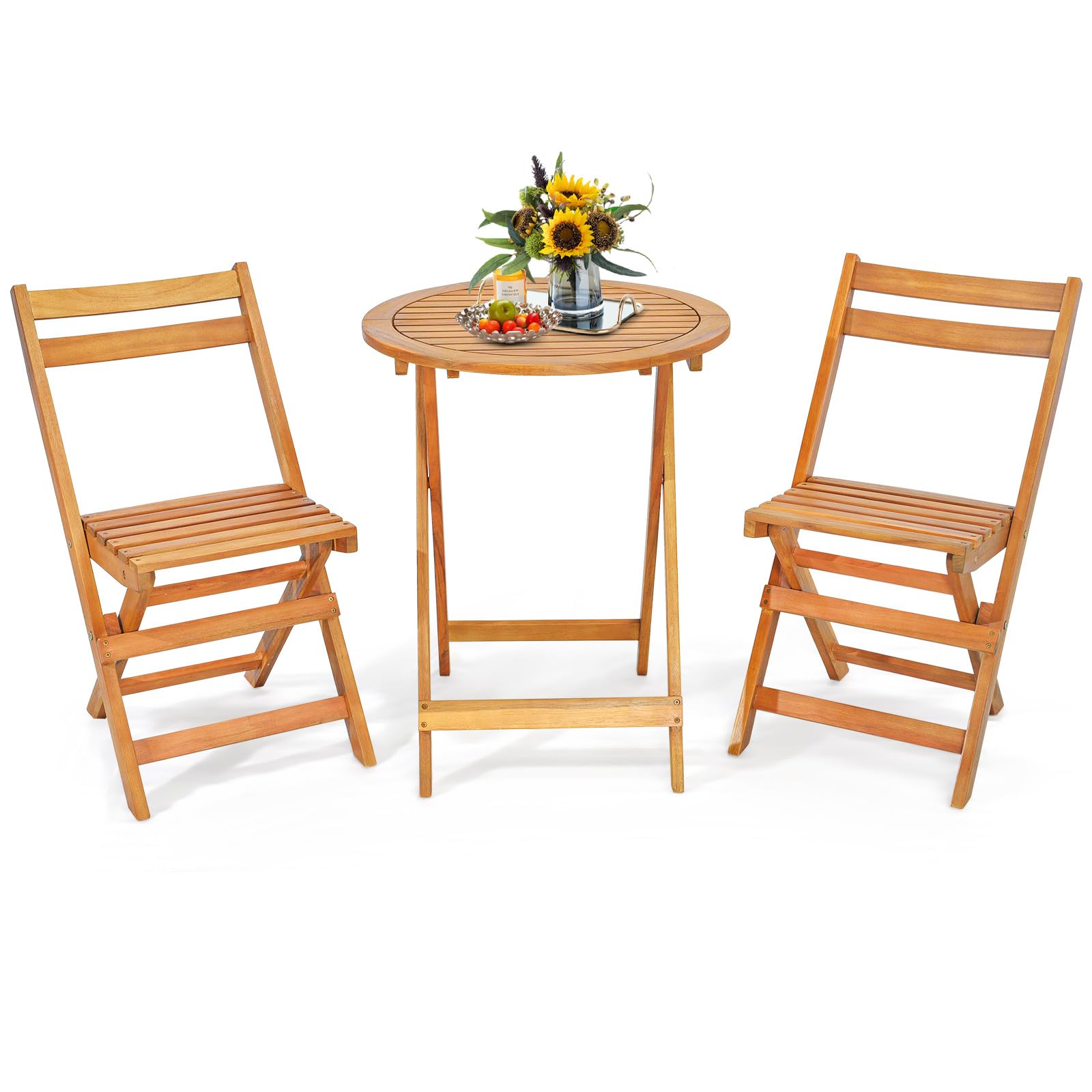 Tangkula 3 Pieces Folding Patio Bistro Set, Solid Acacia Wood Table and Chairs with Slatted Tabletop, Back & Seat, Foldable Outd