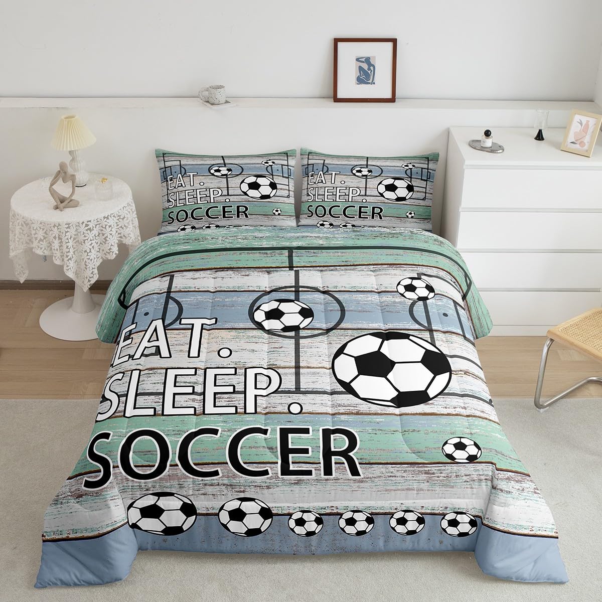 Feelyou Soccer Comforter Set King Football Bedding Set for Kids Boys Girls Teens Toddler Teal Blue Wooden Duvet Set Soccer Sport