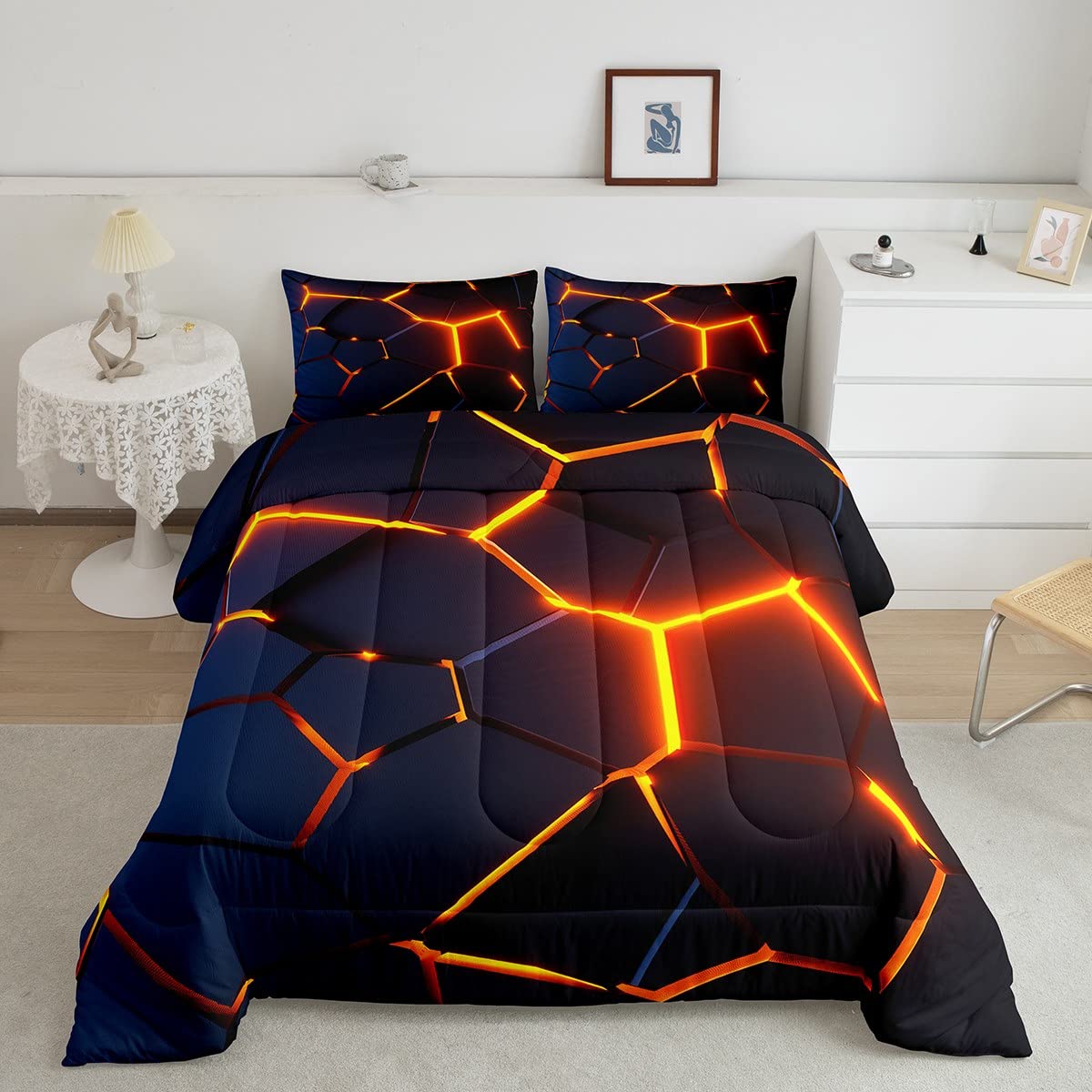 Honeycomb Print Bedding Set Red Black Fire Hexagonal Pattern Comforter Set for Kids Boys Girls Teens Beehive Geometrical Comfort