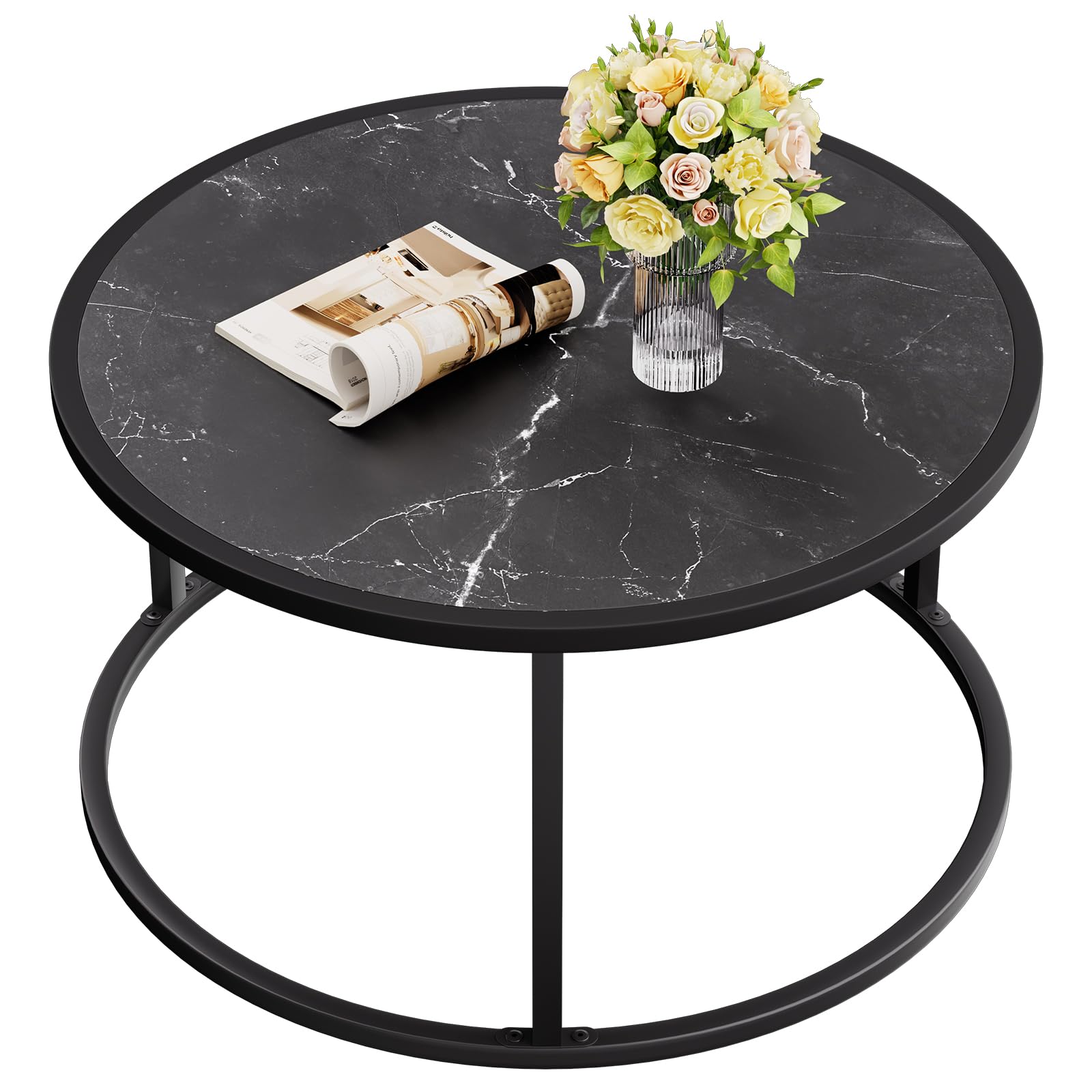 SAYGOER Black Coffee Table Round Marble CoffeeTables for Living Room Modern Small Center Table with Metal Frame, 27.6 * 27.6 * 1